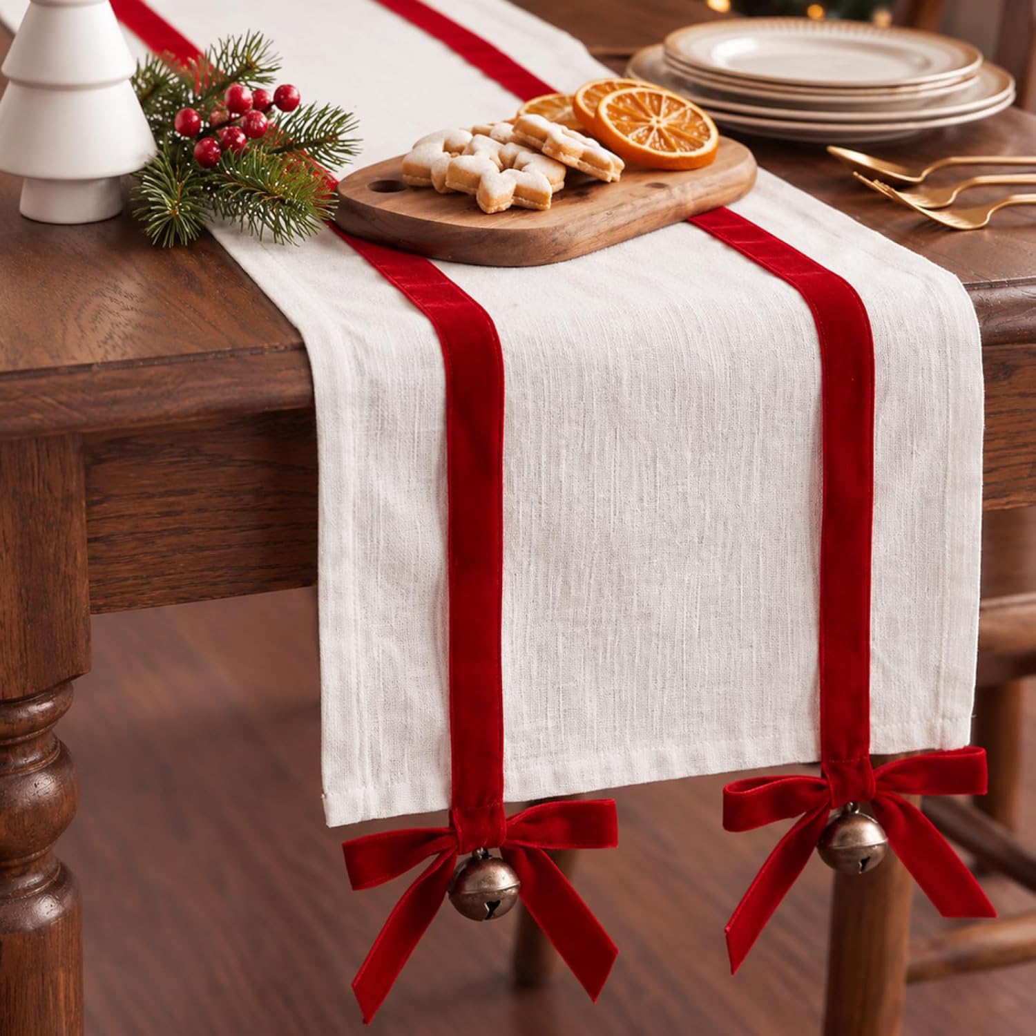 Tingjoo Red Velvet Bow Table Runner Christmas Decorations 13 x 72 Inch