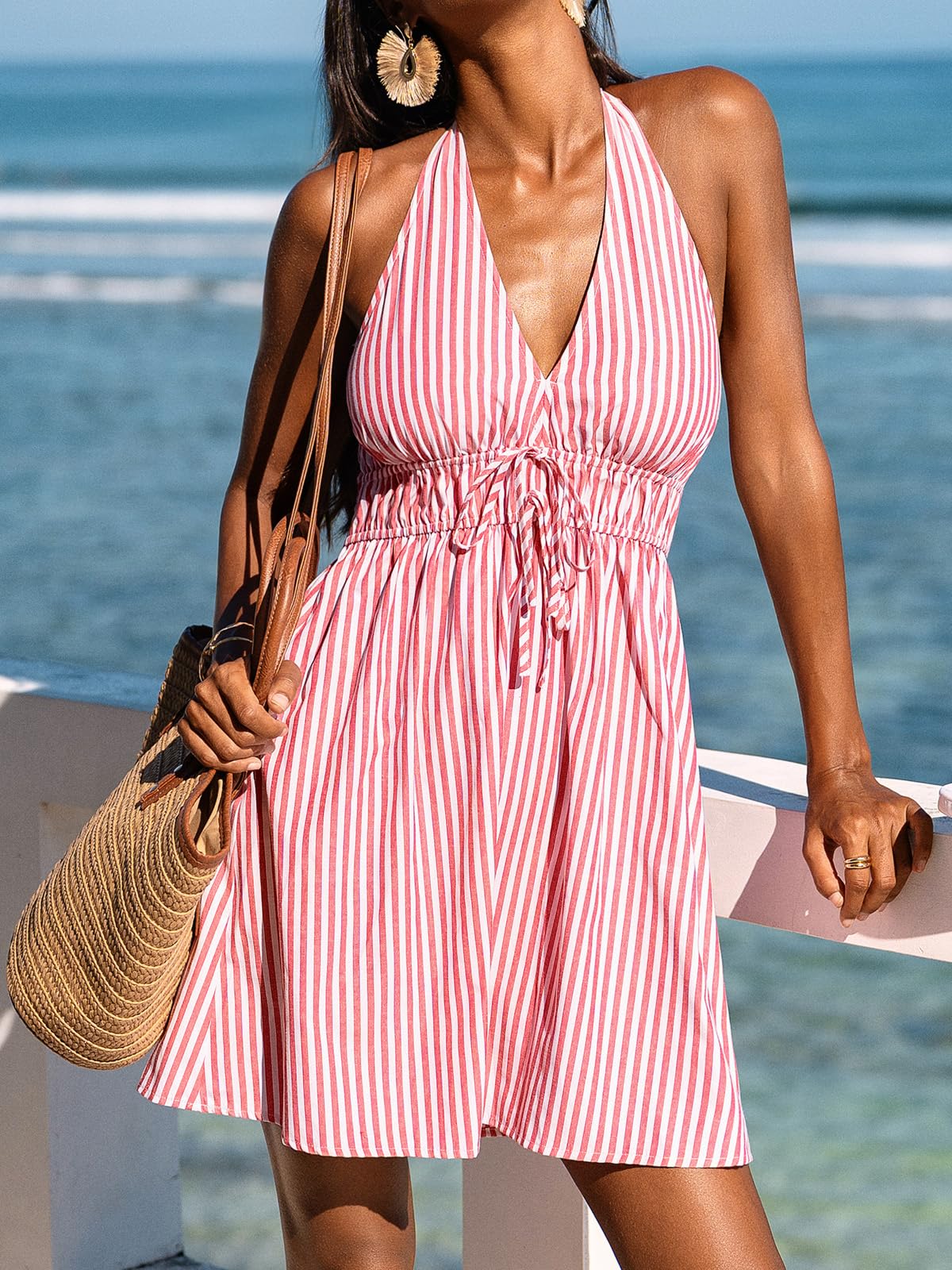 CUPSHE Women's Striped Halter Summer Dress A-Line Mini Sun Dress Beach Wear | Sexy V Neck Striped Cotton Sundress, Smocked Waist Short Beach Vacation Outfits, Breezy Backless Sleeveless Coverup Dress thumbnail