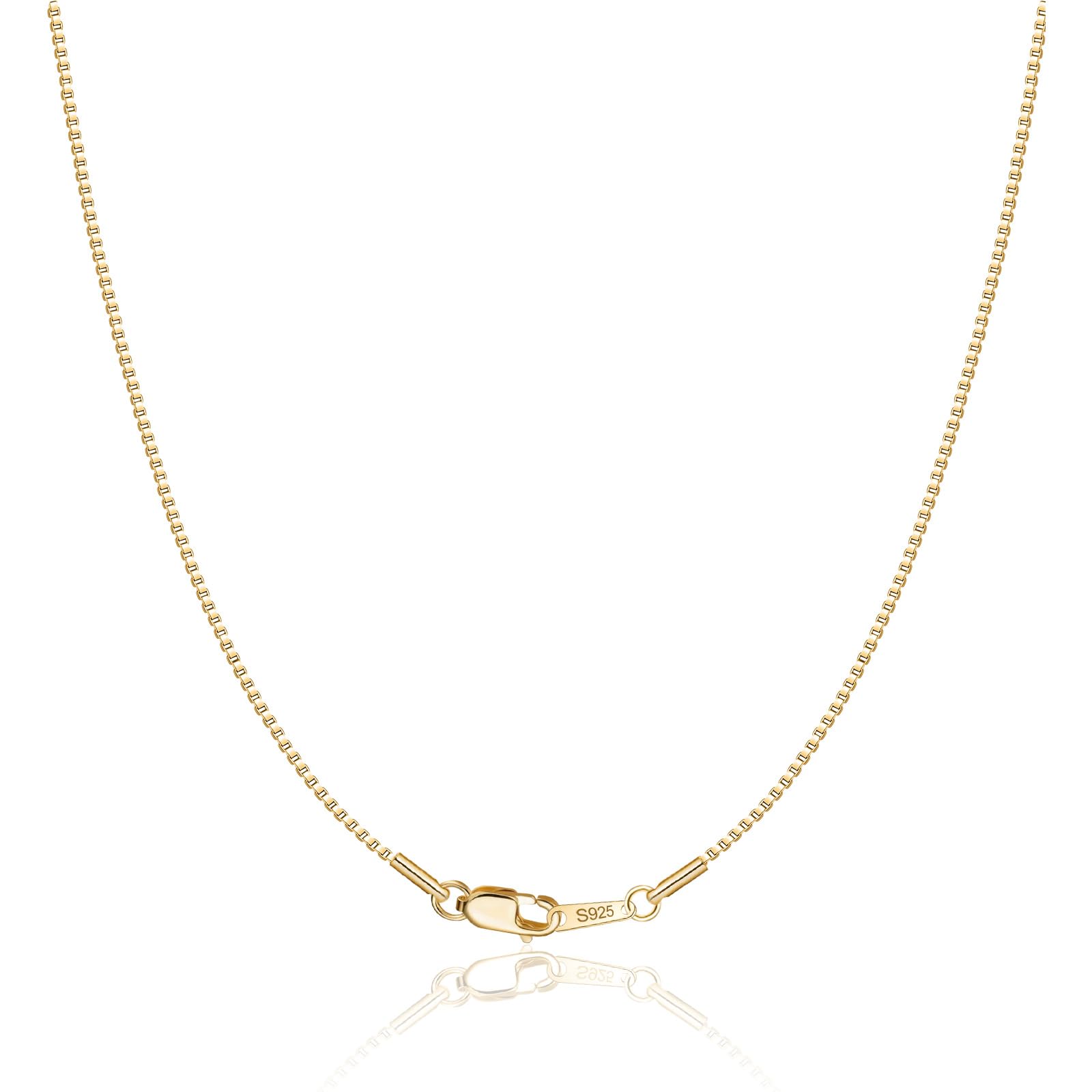 18K Gold Plated 925 Sterling Silver Chain Necklace for Women, 1mm Shiny & Strong Charm Box Chain Lobster Claw Clasp, Non Tarnish Silver Gold Necklace Chain, 16/18/20/22/24 Inch