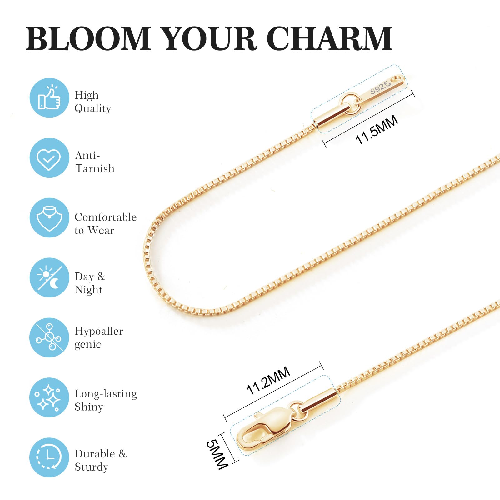 18K Gold Plated 925 Sterling Silver Chain Necklace for Women, 1mm Shiny & Strong Charm Box Chain Lobster Claw Clasp, Non Tarnish Silver Gold Necklace Chain, 16/18/20/22/24 Inch thumbnail