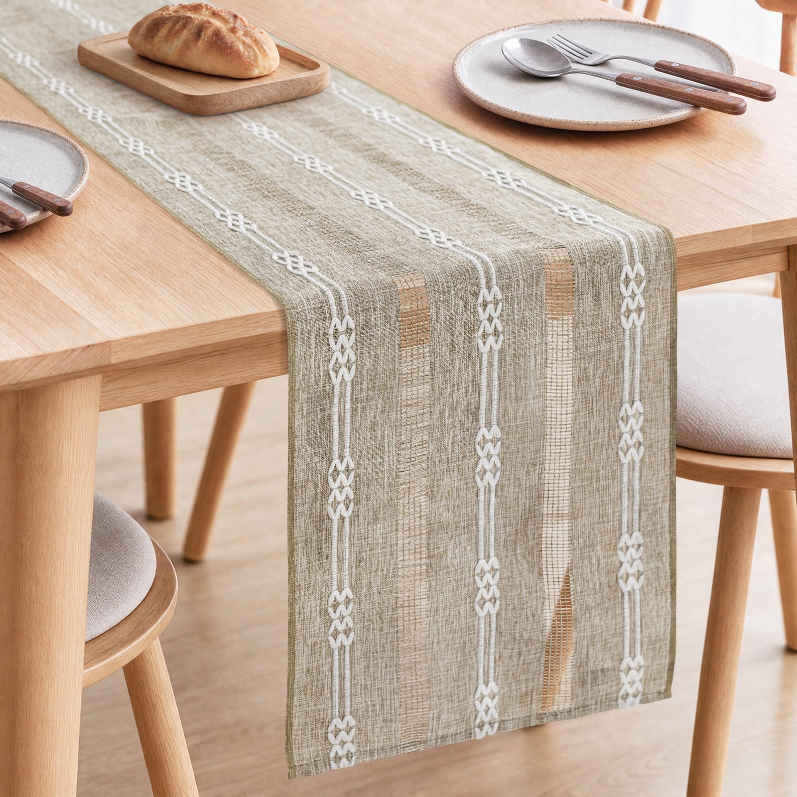 Rustic Linen Farmhouse Table Runner, Woven Boho Table Runner 13" × 60"