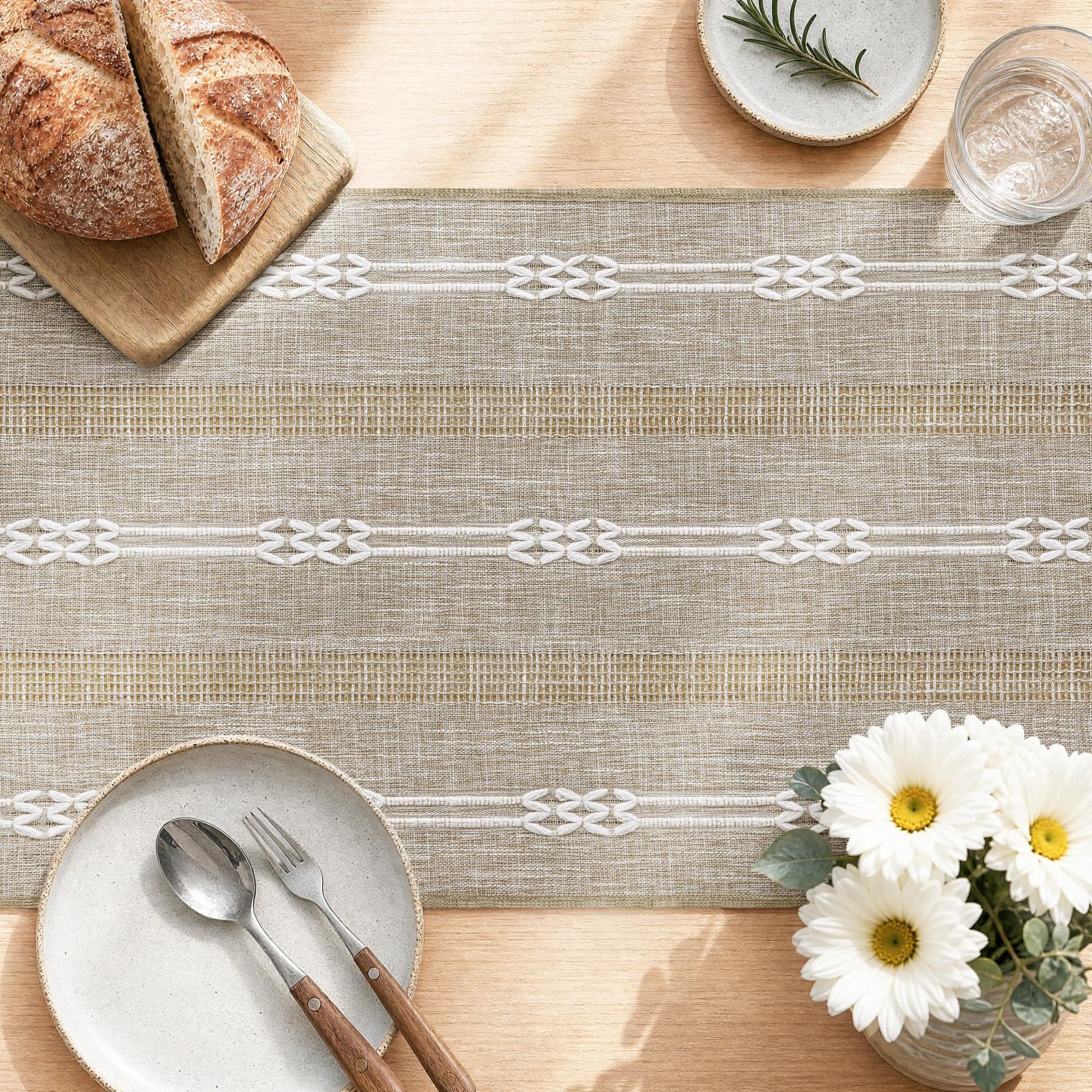 Rustic Linen Farmhouse Table Runner, Woven Boho Table Runner 13" × 60" thumbnail
