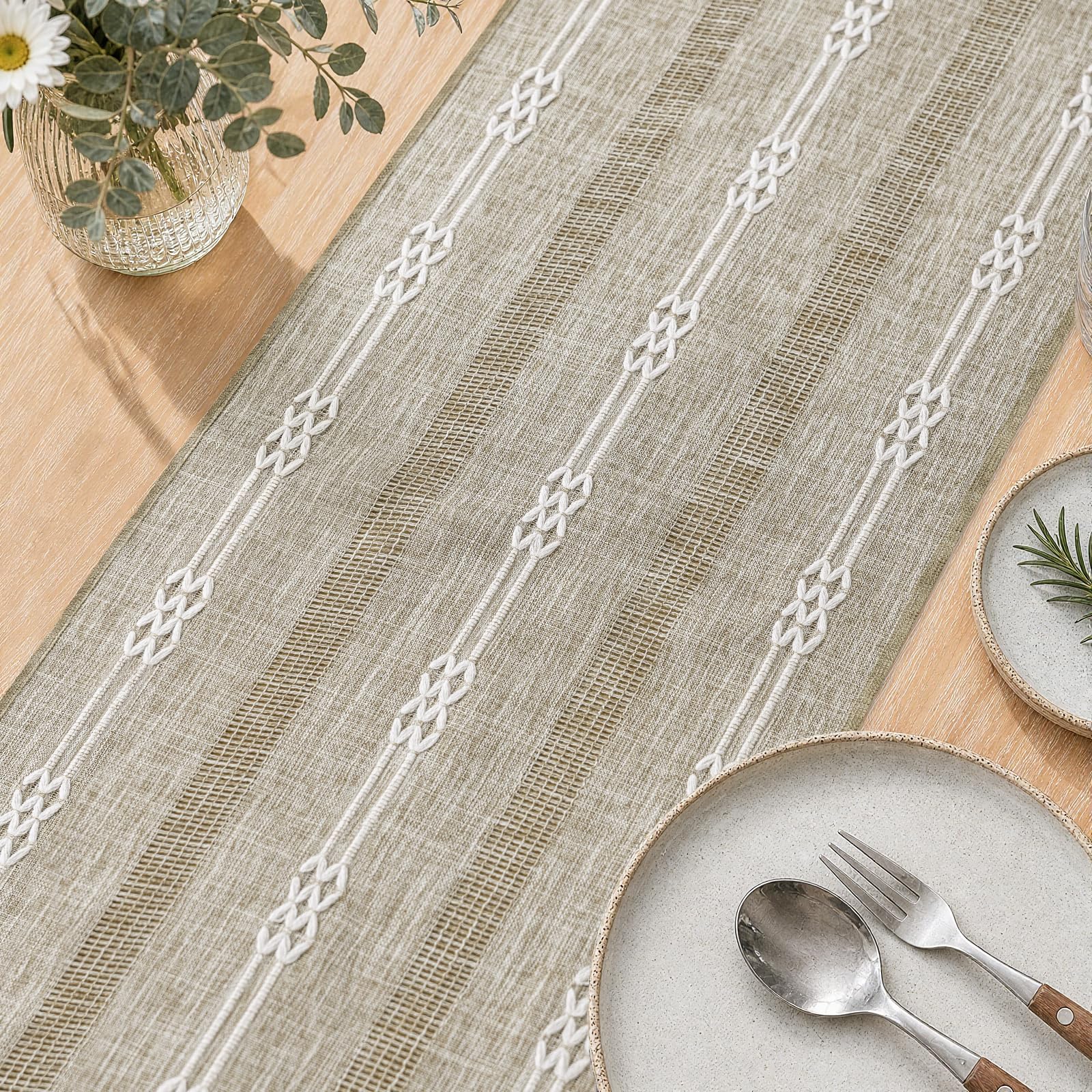 Rustic Linen Farmhouse Table Runner, Woven Boho Table Runner 13" × 60" thumbnail
