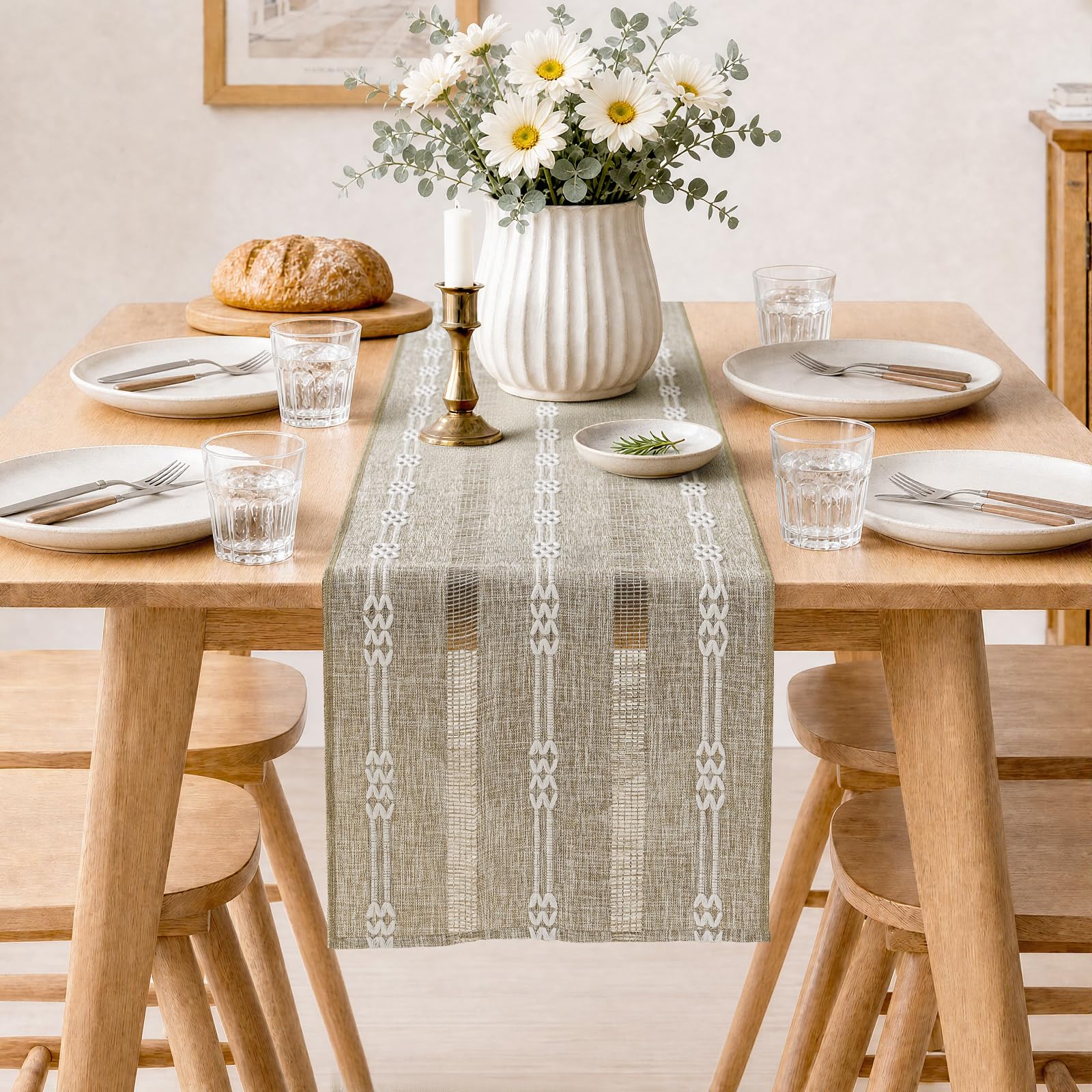 Rustic Linen Farmhouse Table Runner, Woven Boho Table Runner 13" × 60" thumbnail