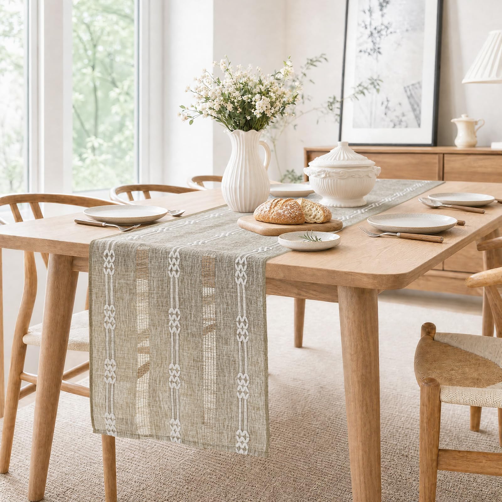 Rustic Linen Farmhouse Table Runner, Woven Boho Table Runner 13" × 60" thumbnail