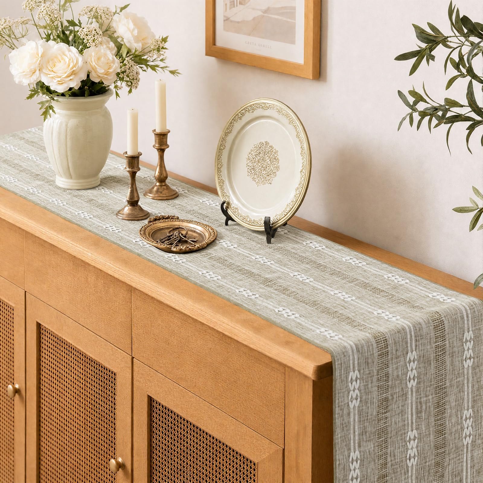 Rustic Linen Farmhouse Table Runner, Woven Boho Table Runner 13" × 60" thumbnail