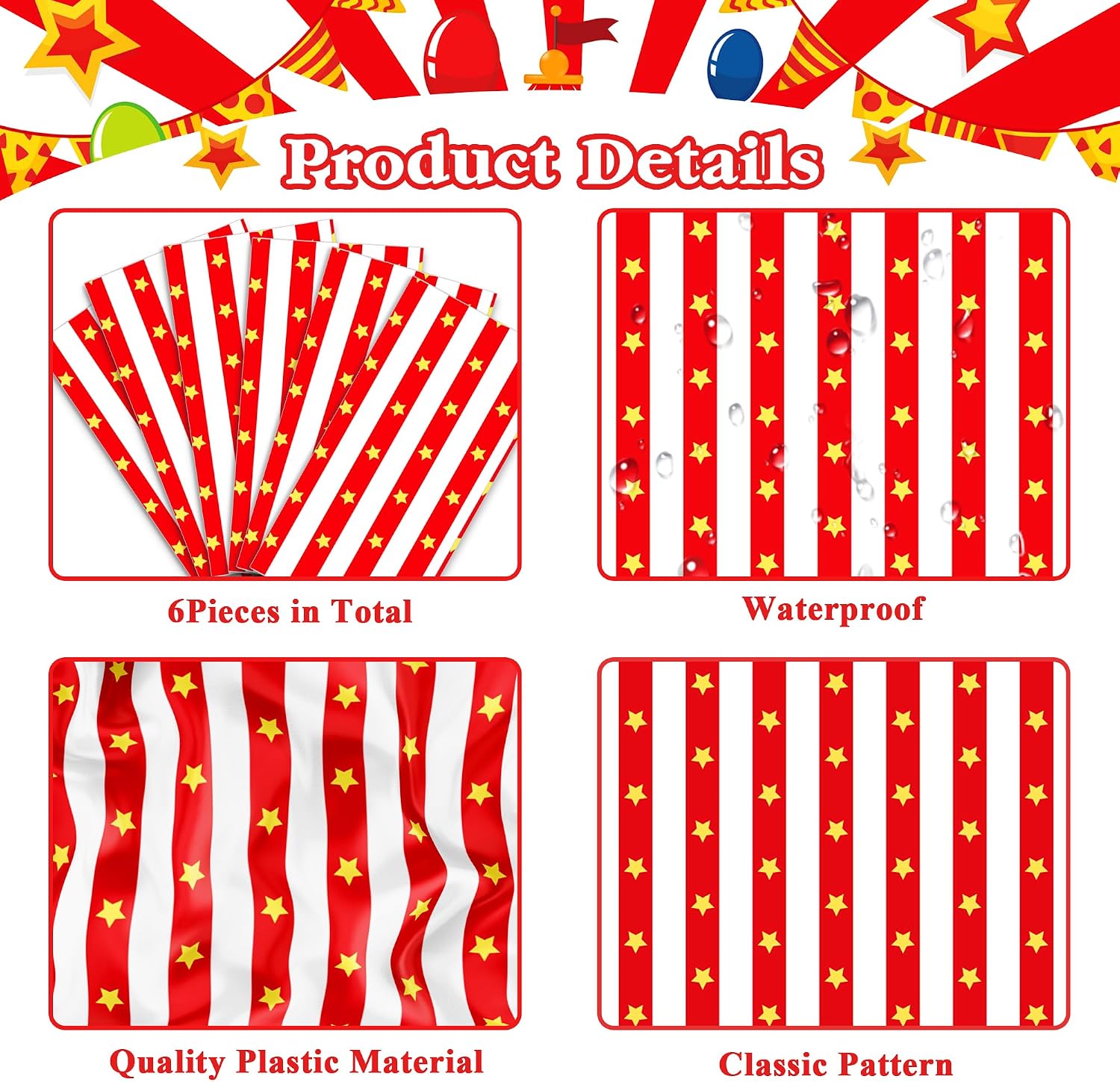 6 Pcs Carnival Table Runner 108 x 14 Inch Red White Stripe Star Table Decor thumbnail