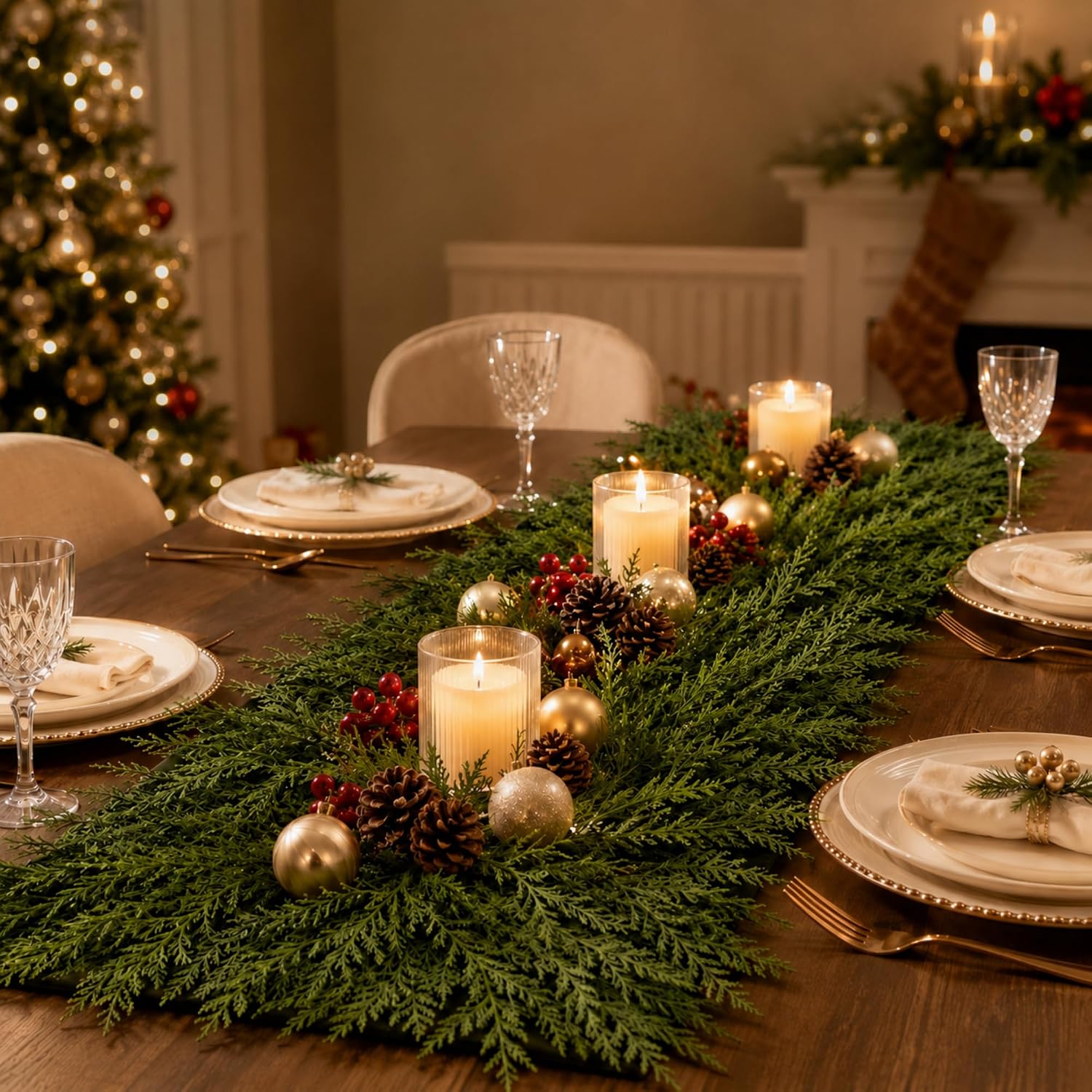 LemonRoad 2 Pcs Christmas Artificial Pine Placemat, Rectangle 35 x 14 Inch
