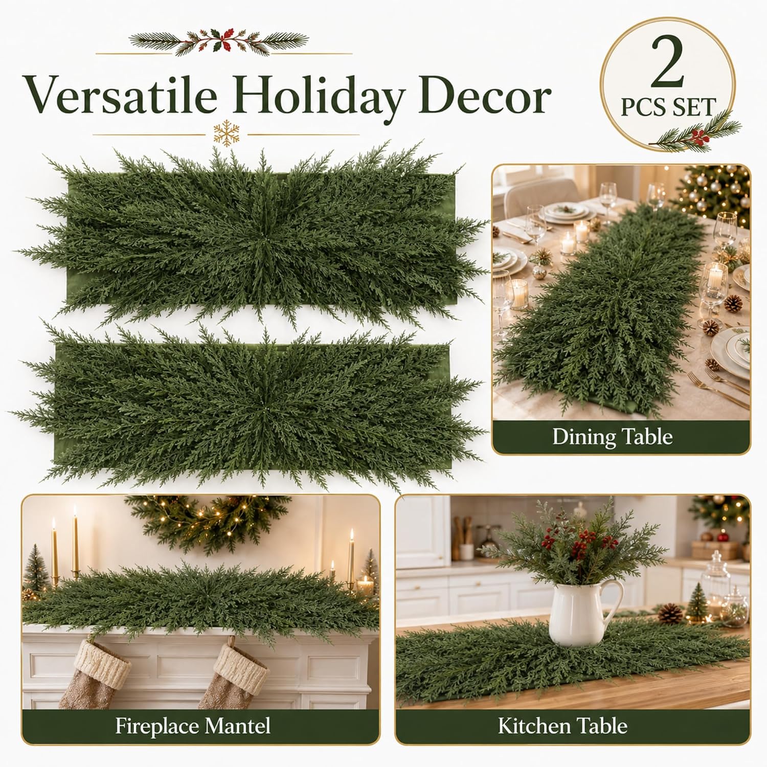 LemonRoad 2 Pcs Christmas Artificial Pine Placemat, Rectangle 35 x 14 Inch thumbnail