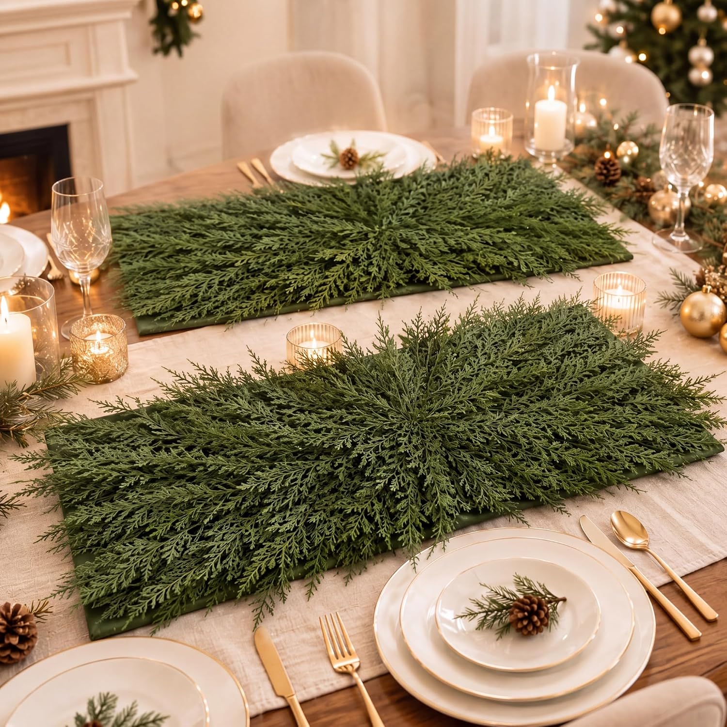 LemonRoad 2 Pcs Christmas Artificial Pine Placemat, Rectangle 35 x 14 Inch thumbnail