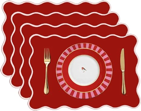 Whaline 4Pcs Scalloped Cotton Linen Placemats, Red, 13 x 19 in thumbnail