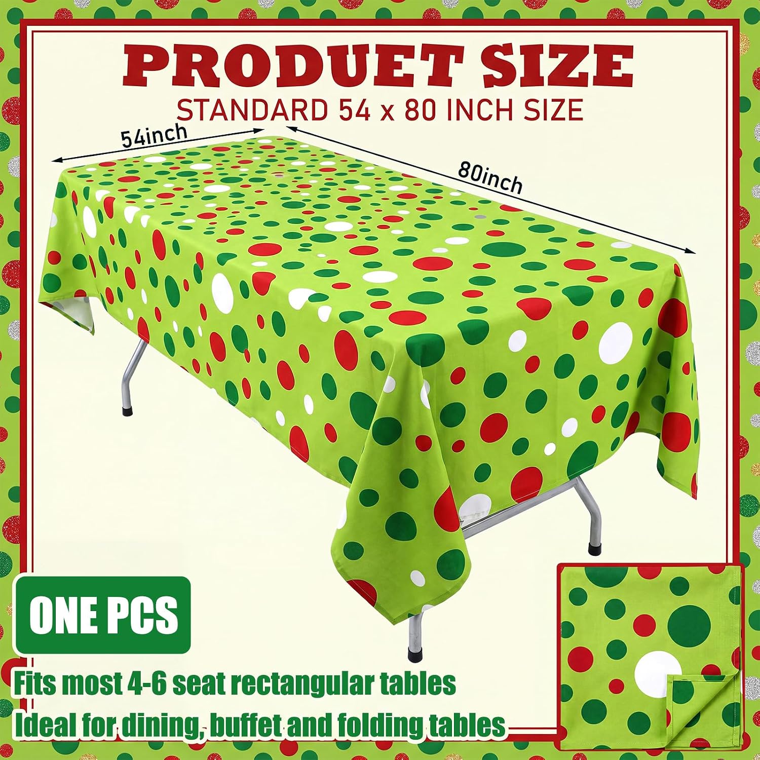 54 x 80 Inch Christmas Rectangular Tablecloth, Red Green Polka Dot thumbnail