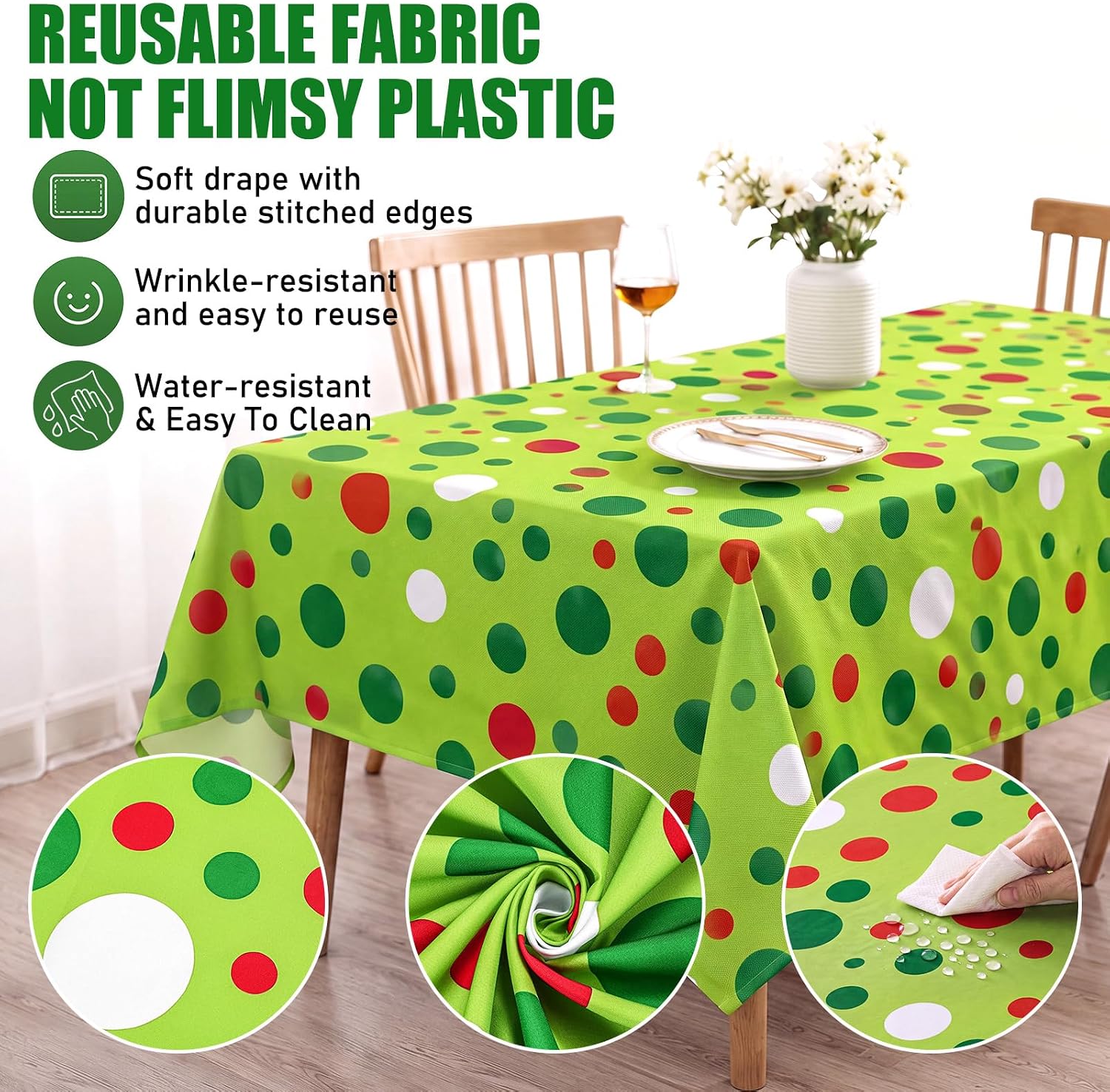 54 x 80 Inch Christmas Rectangular Tablecloth, Red Green Polka Dot thumbnail