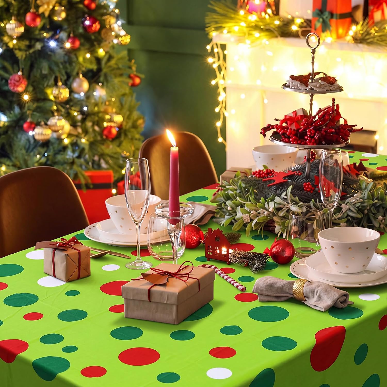 54 x 80 Inch Christmas Rectangular Tablecloth, Red Green Polka Dot thumbnail