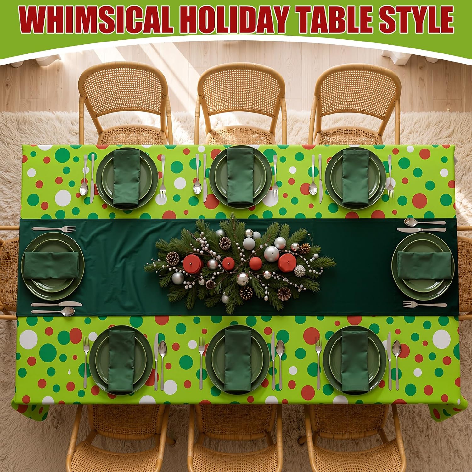 54 x 80 Inch Christmas Rectangular Tablecloth, Red Green Polka Dot thumbnail