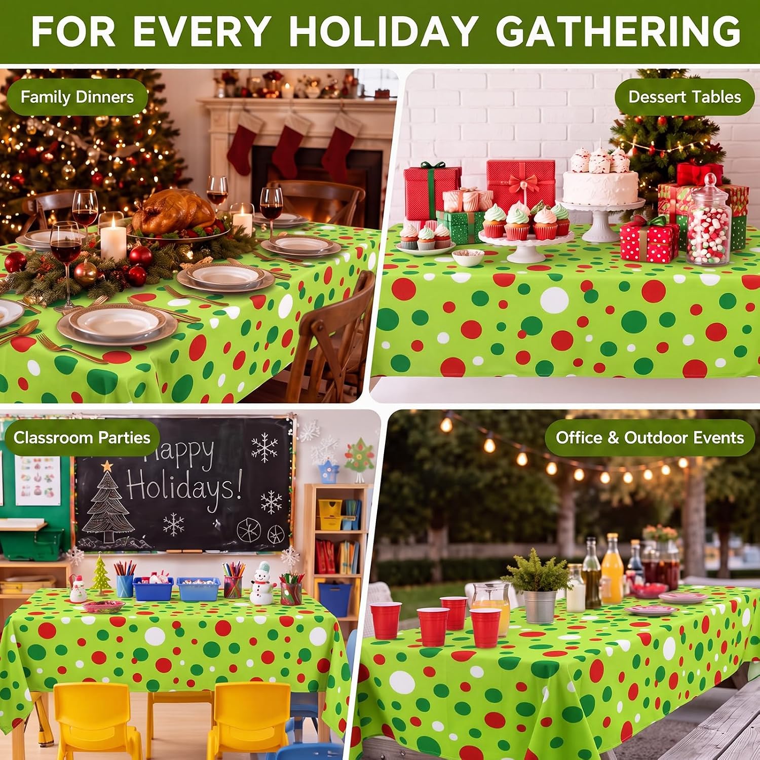 54 x 80 Inch Christmas Rectangular Tablecloth, Red Green Polka Dot thumbnail