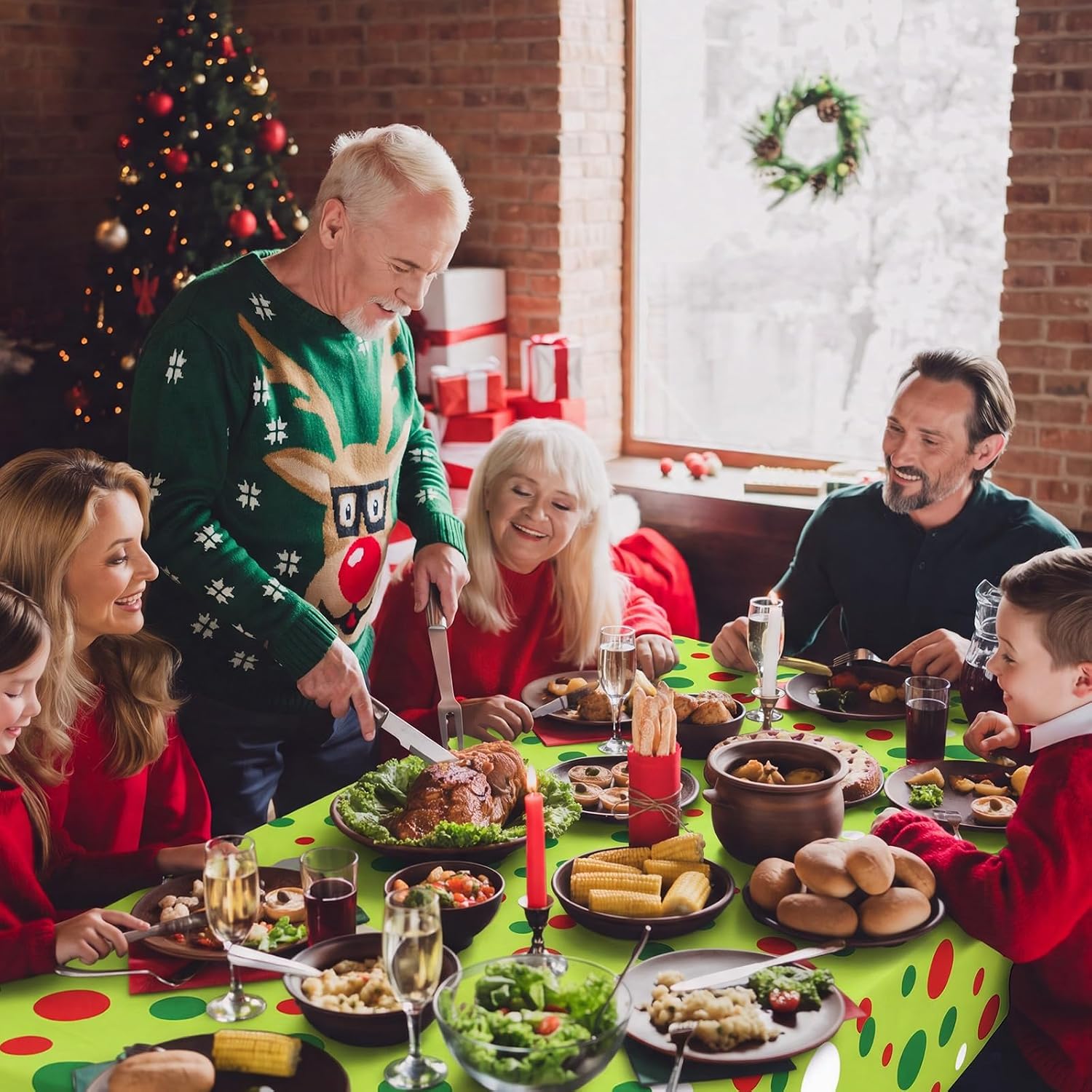 54 x 80 Inch Christmas Rectangular Tablecloth, Red Green Polka Dot thumbnail