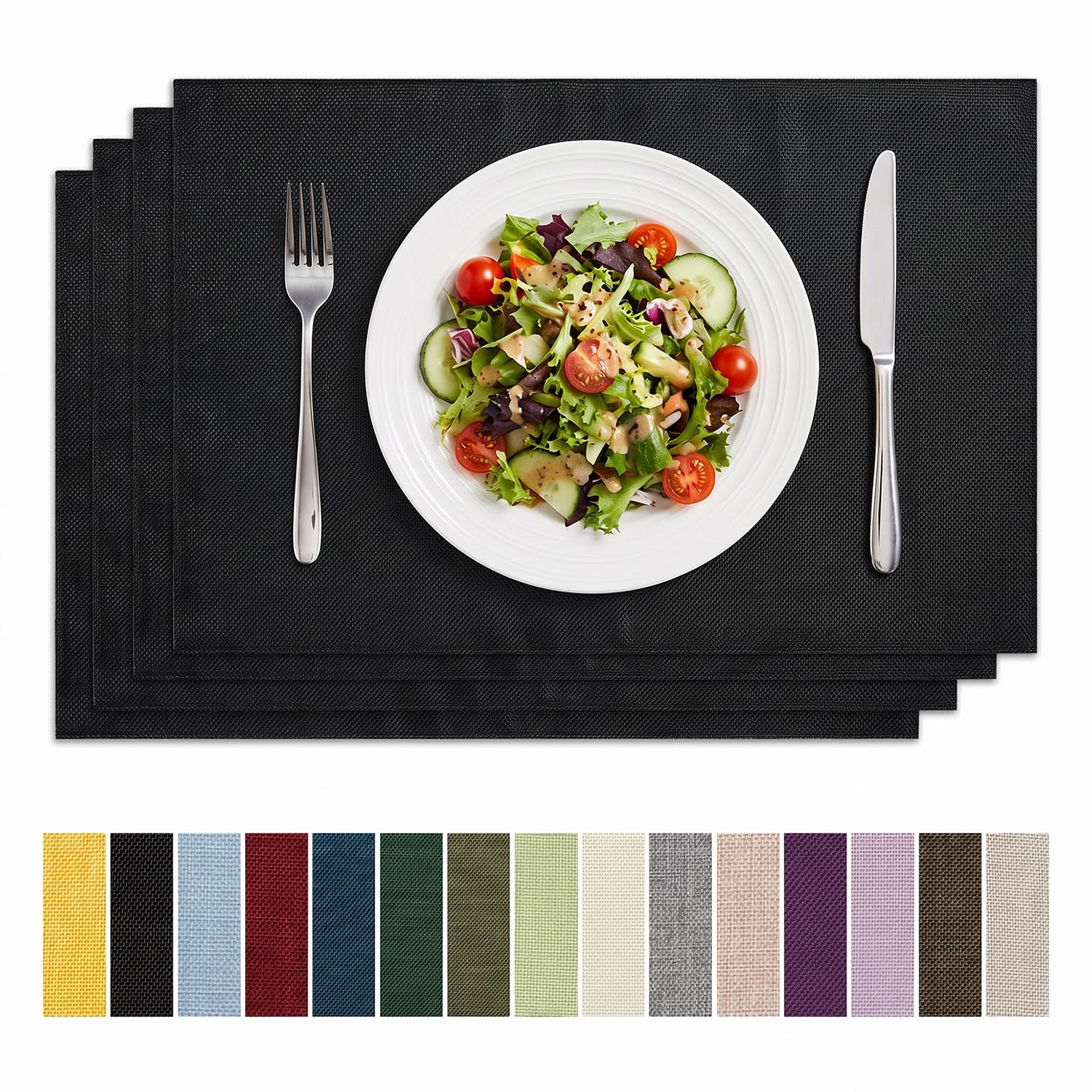 Artoid Mode Reversible Cloth Placemats Set of 4, Washable Heat Resistant Linen Table Mats for Farmhouse Kitchen Dining, Black
