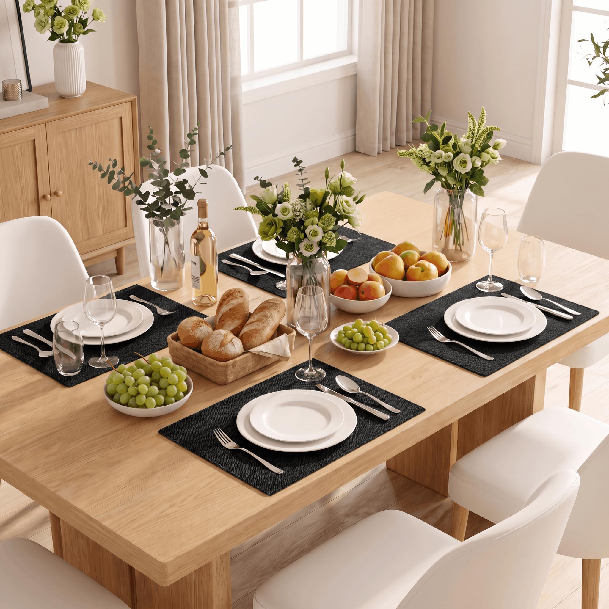 Artoid Mode Reversible Cloth Placemats Set of 4, Washable Heat Resistant Linen Table Mats for Farmhouse Kitchen Dining, Black thumbnail