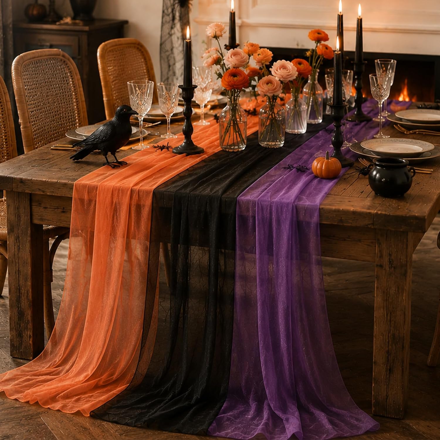 6 Pcs Halloween Chiffon Table Runners Orange Black Purple Party Decor