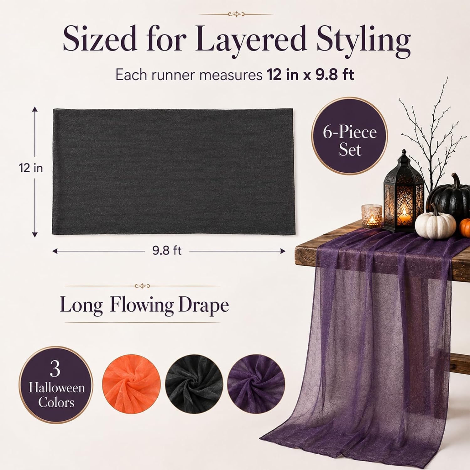 6 Pcs Halloween Chiffon Table Runners Orange Black Purple Party Decor thumbnail