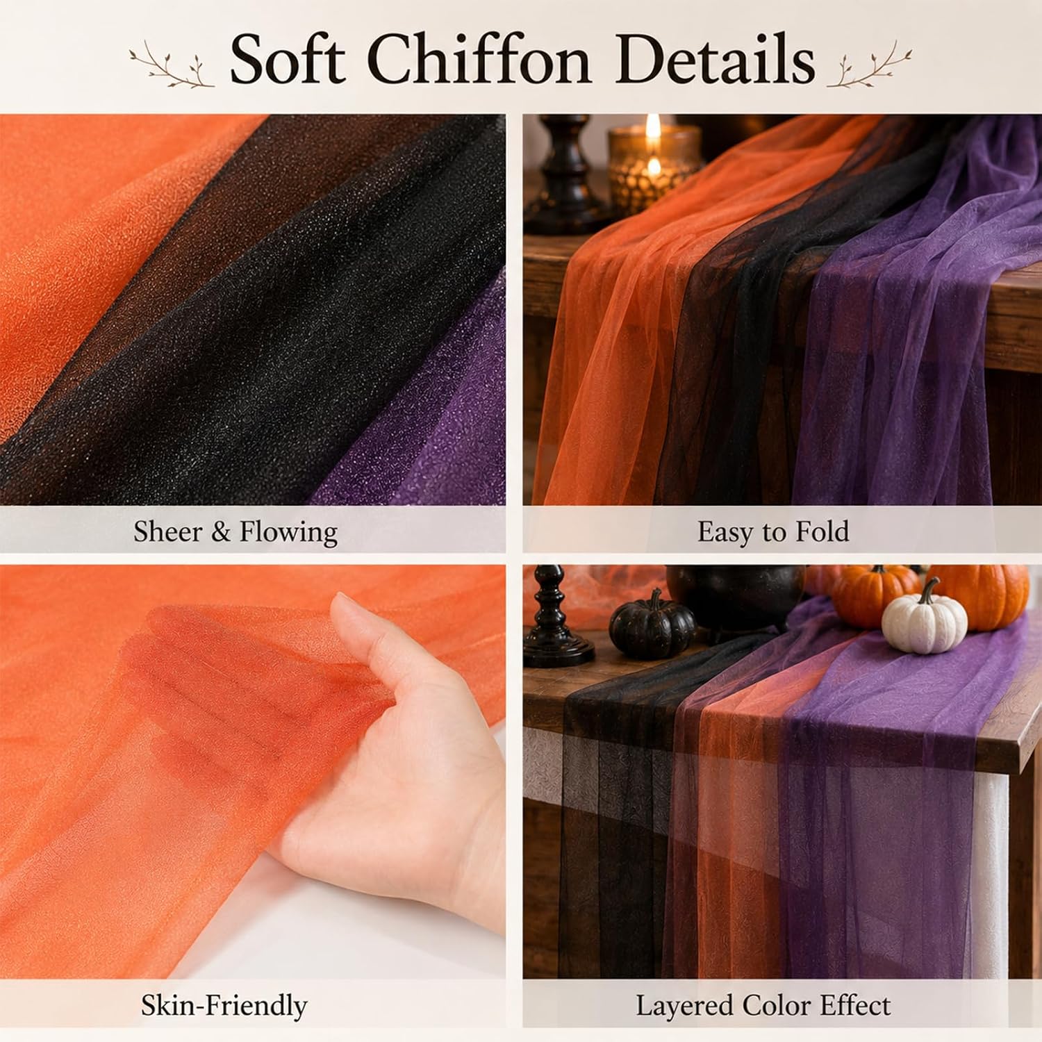 6 Pcs Halloween Chiffon Table Runners Orange Black Purple Party Decor thumbnail