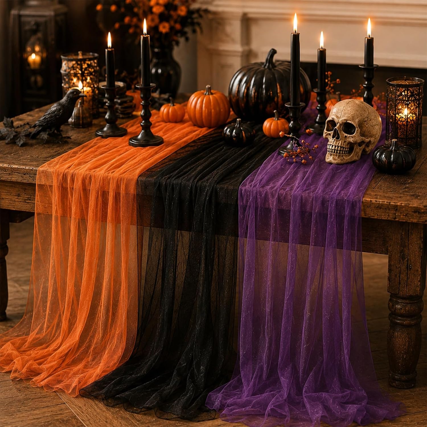6 Pcs Halloween Chiffon Table Runners Orange Black Purple Party Decor thumbnail