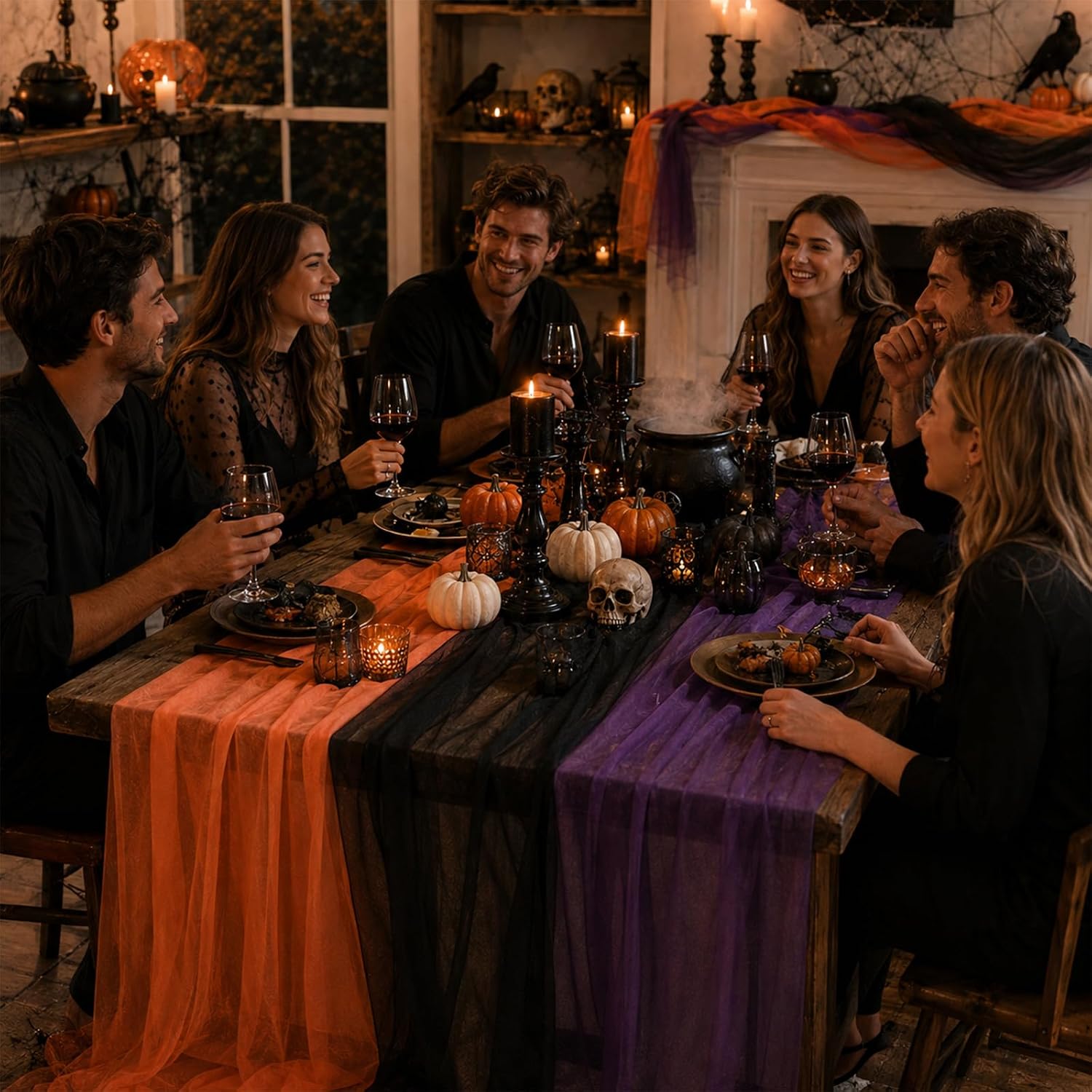 6 Pcs Halloween Chiffon Table Runners Orange Black Purple Party Decor thumbnail