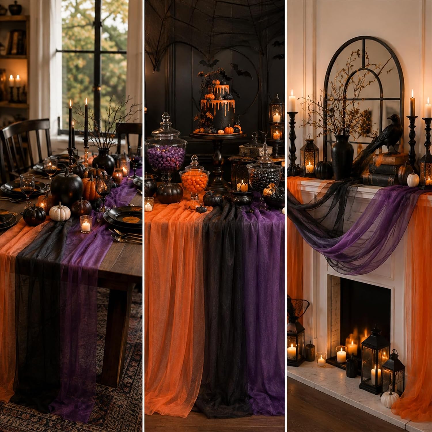 6 Pcs Halloween Chiffon Table Runners Orange Black Purple Party Decor thumbnail