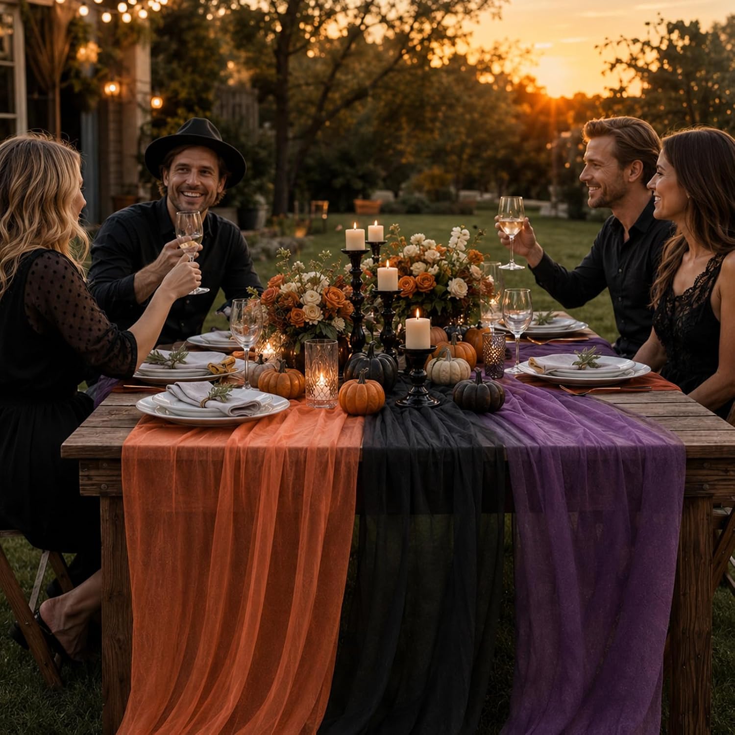 6 Pcs Halloween Chiffon Table Runners Orange Black Purple Party Decor thumbnail
