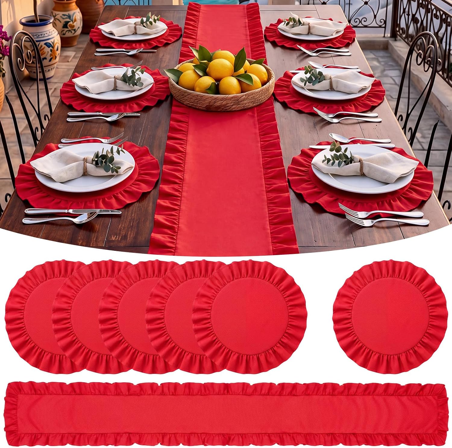 Fanfanwin 7 Pcs Red Ruffle Placemat with Table Runner Christmas Decor