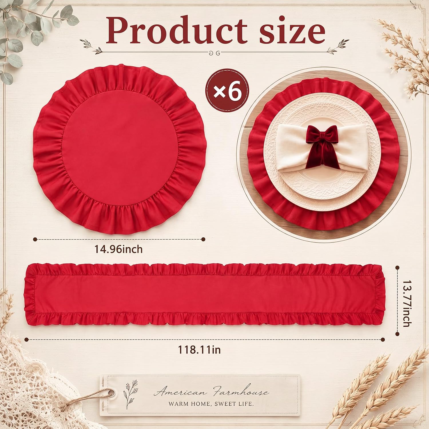 Fanfanwin 7 Pcs Red Ruffle Placemat with Table Runner Christmas Decor thumbnail