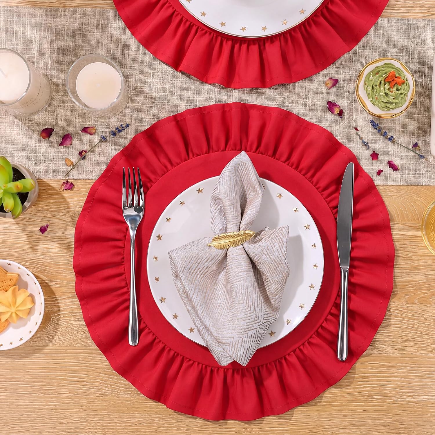 Fanfanwin 7 Pcs Red Ruffle Placemat with Table Runner Christmas Decor thumbnail