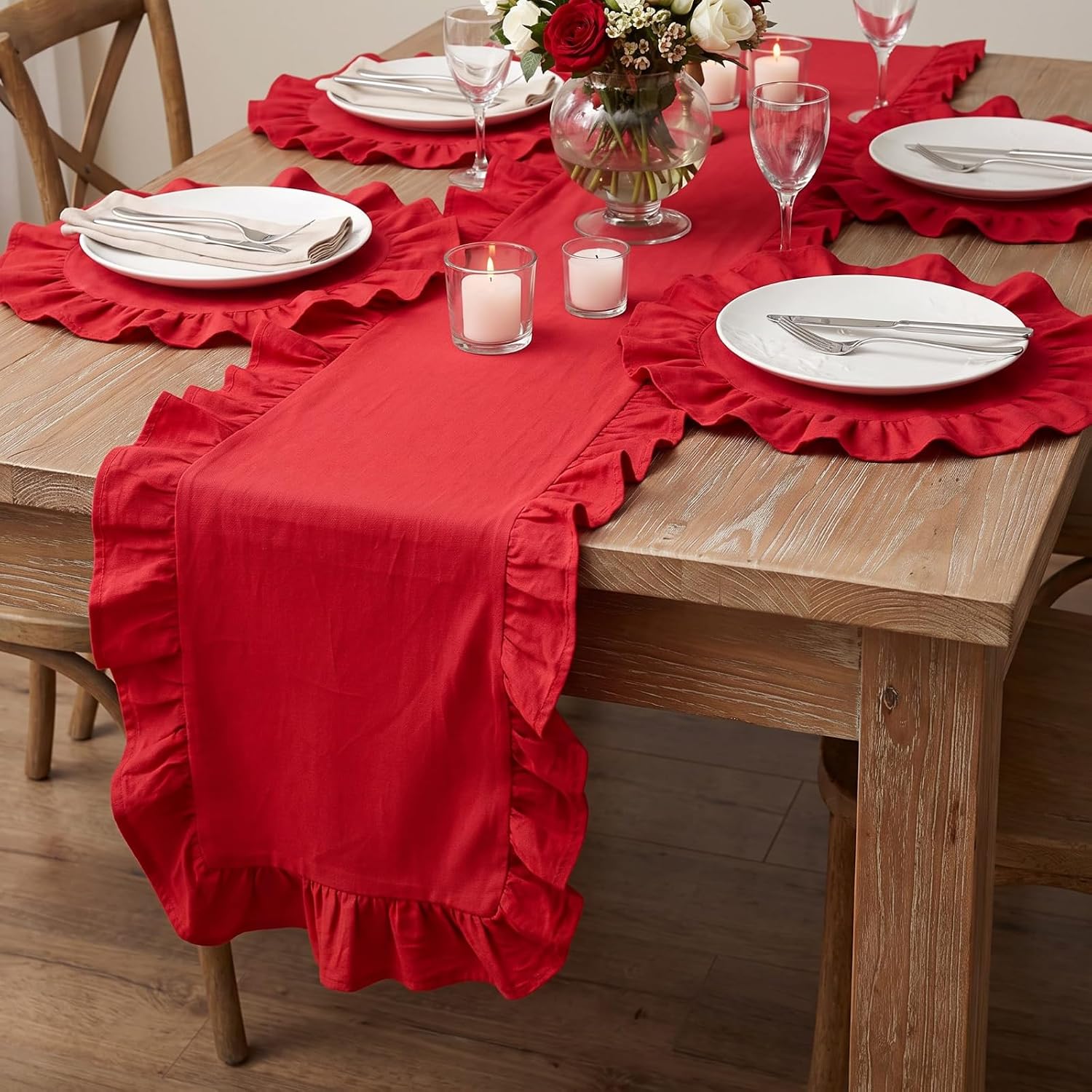 Fanfanwin 7 Pcs Red Ruffle Placemat with Table Runner Christmas Decor thumbnail