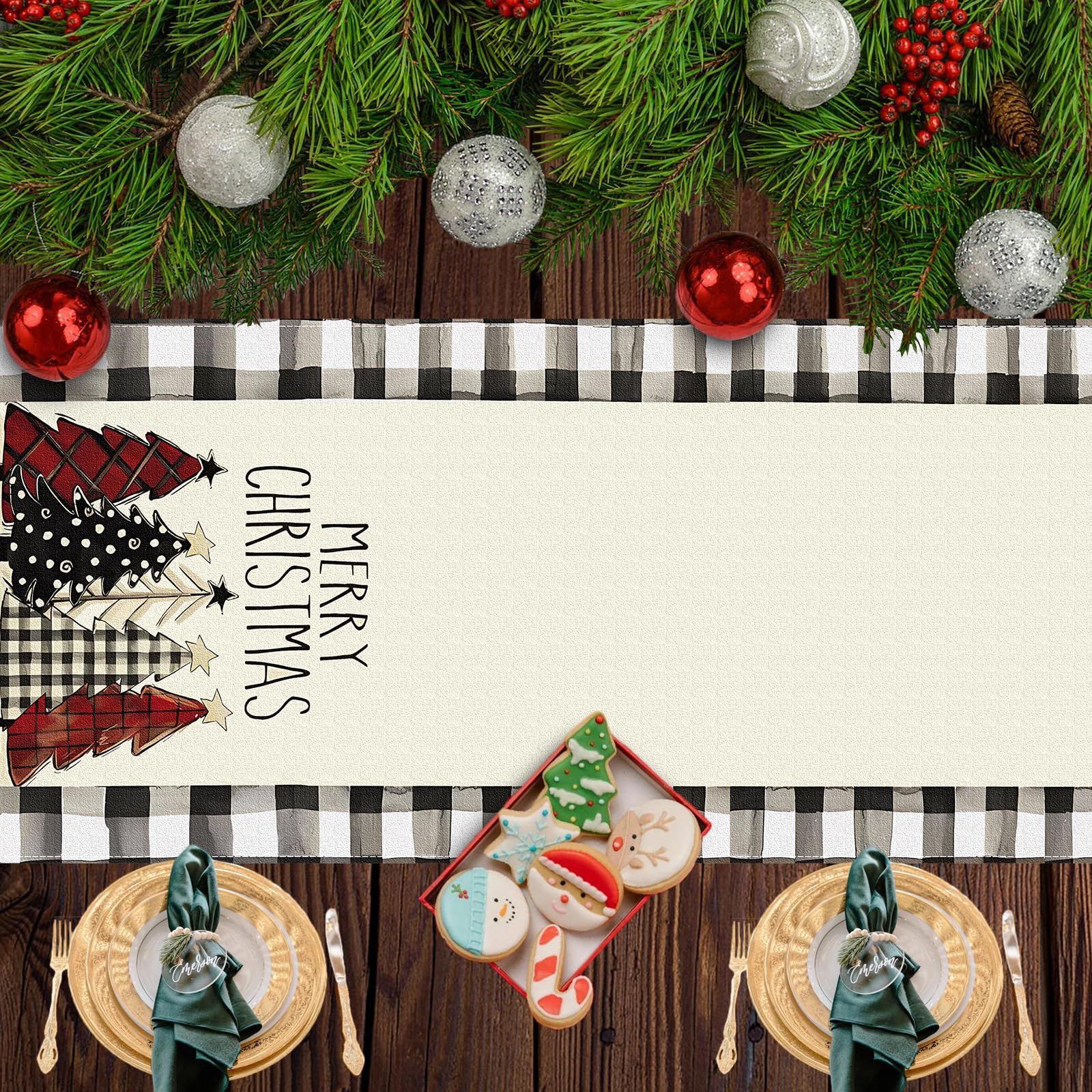 Bloss Christmas Table Runner 36 Inches,Red and Black Buffalo Check Christmas Table Runner,Seasonal Winter Xmas Holiday Kitchen Dining Tables Decoration forHome Party Indoor/Outdoor Christma Decor thumbnail