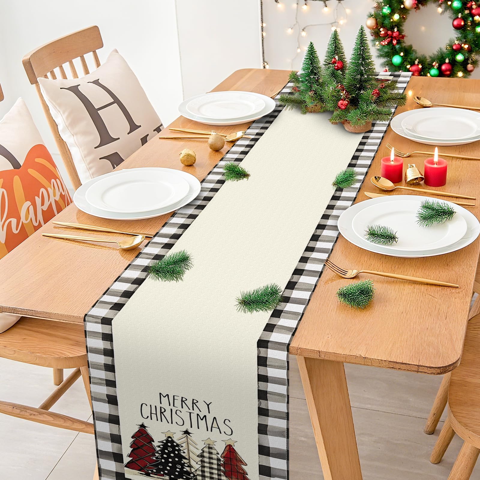 Bloss Christmas Table Runner 36 Inches,Red and Black Buffalo Check Christmas Table Runner,Seasonal Winter Xmas Holiday Kitchen Dining Tables Decoration forHome Party Indoor/Outdoor Christma Decor thumbnail