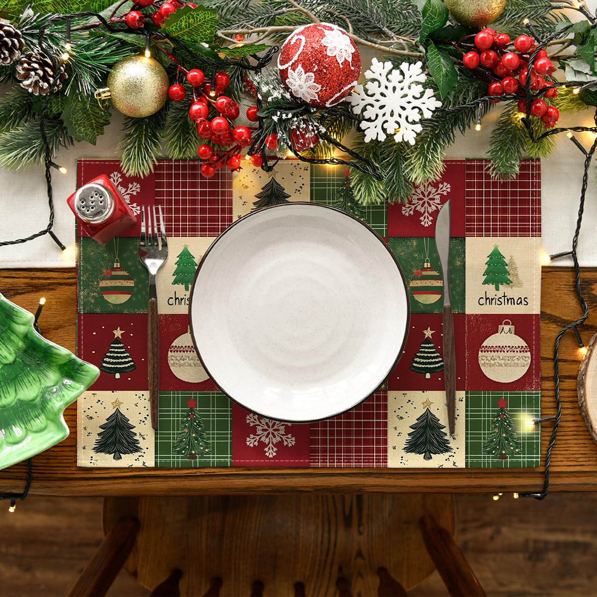 Artoid Mode Xmas Trees Christmas Balls Placemats Set of 8, 12x18 Inch Table Mats for Winter New Year Holiday Party Kitchen Dining Decoration thumbnail