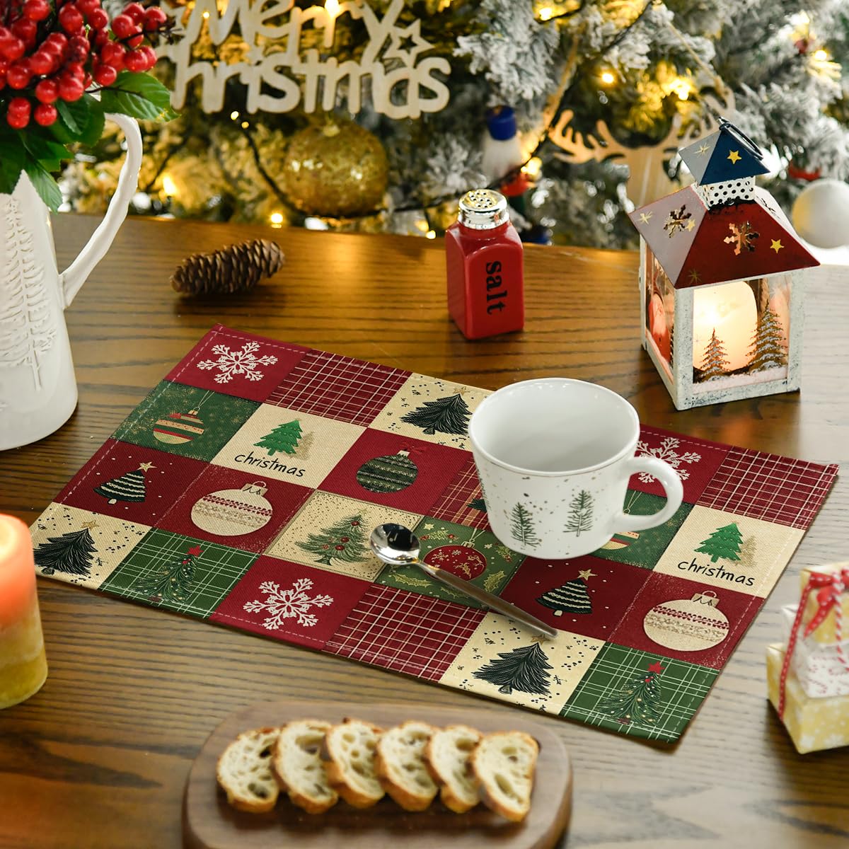 Artoid Mode Xmas Trees Christmas Balls Placemats Set of 8, 12x18 Inch Table Mats for Winter New Year Holiday Party Kitchen Dining Decoration thumbnail
