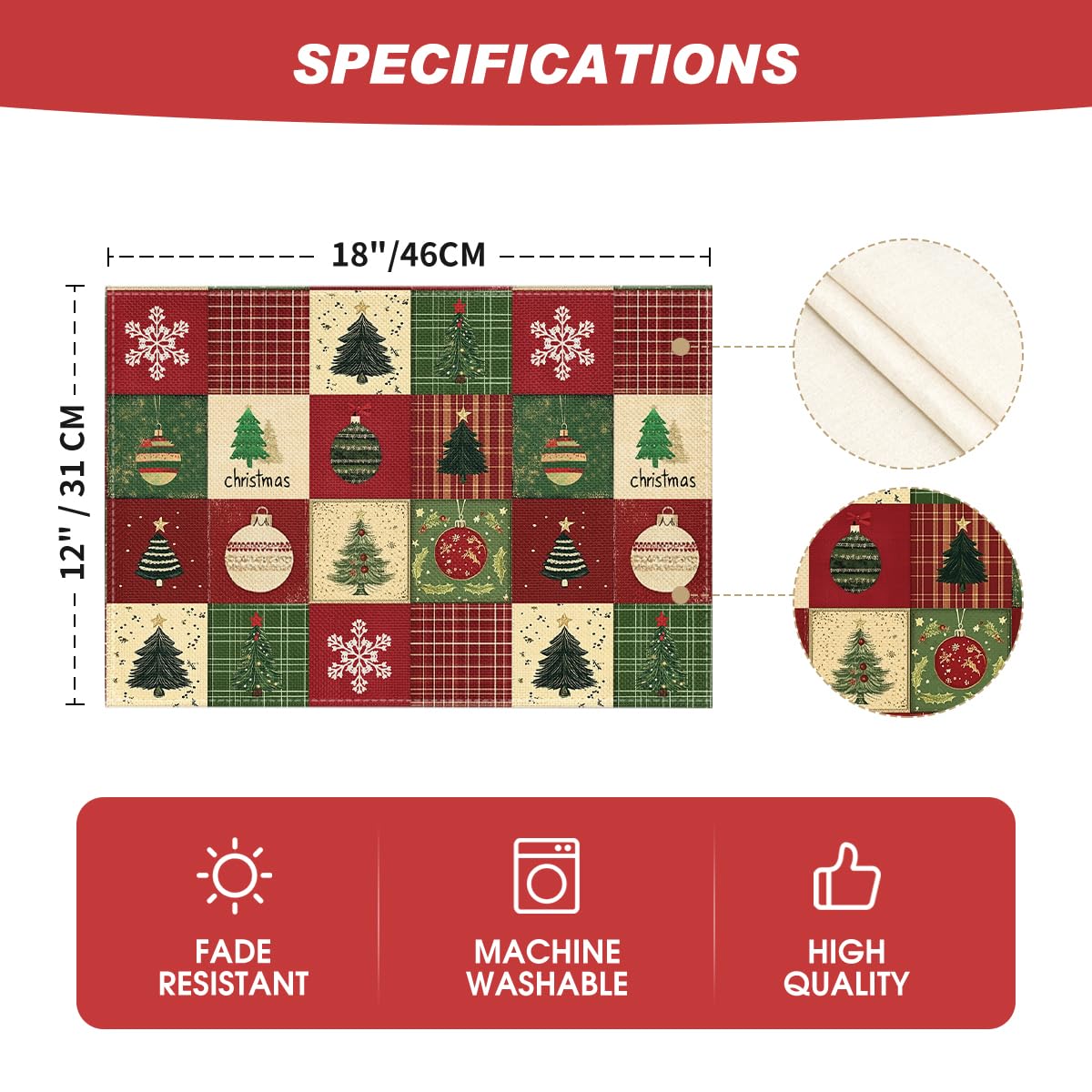 Artoid Mode Xmas Trees Christmas Balls Placemats Set of 8, 12x18 Inch Table Mats for Winter New Year Holiday Party Kitchen Dining Decoration thumbnail