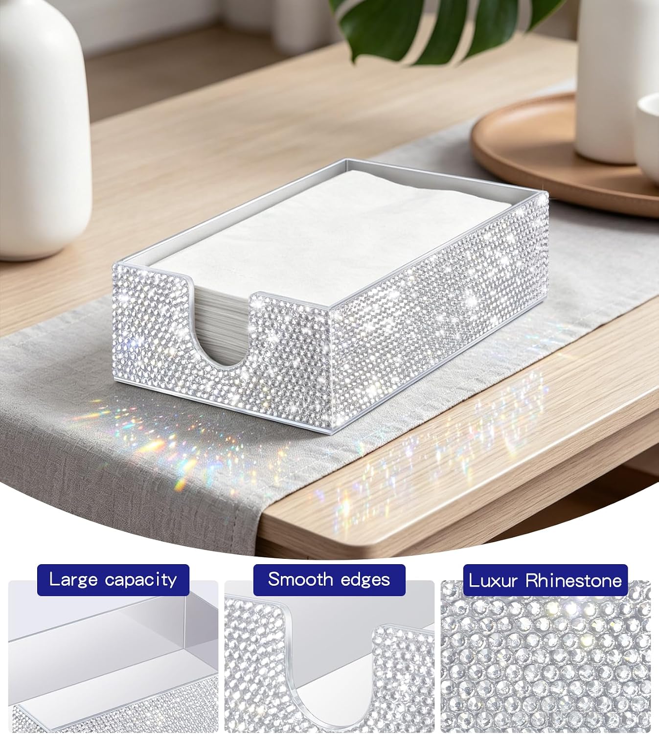 Bling Rhinestone Glitter Clear Acrylic Napkin Holder 8.8x5.2x2.3 Inch, Flat Hand Towel Storage Caddy for Bathroom Kitchen Dining Living Room thumbnail