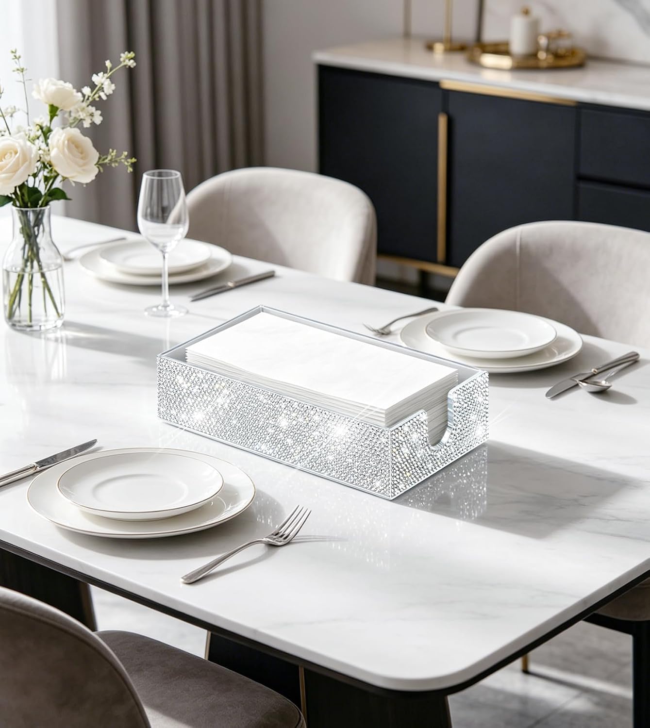 Bling Rhinestone Glitter Clear Acrylic Napkin Holder 8.8x5.2x2.3 Inch, Flat Hand Towel Storage Caddy for Bathroom Kitchen Dining Living Room thumbnail
