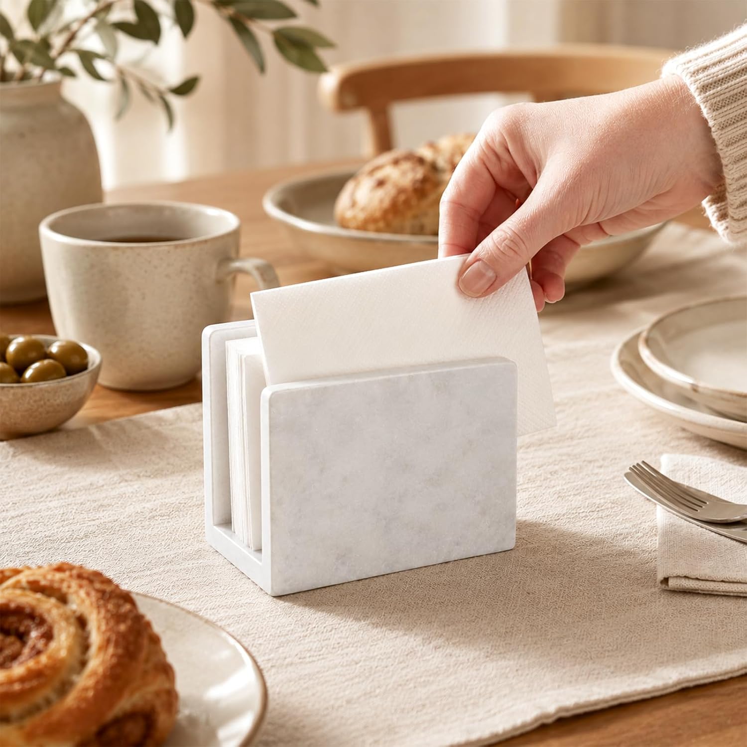 Koville Marble Napkin Holder for Table, 5" Natural Stone Napkin Holder for Kitchen Countertop Dining Room, Modern Napkin Dispenser for Cocktail Tissue Party Bar, Decorative Tissue Paper Holder(White) thumbnail