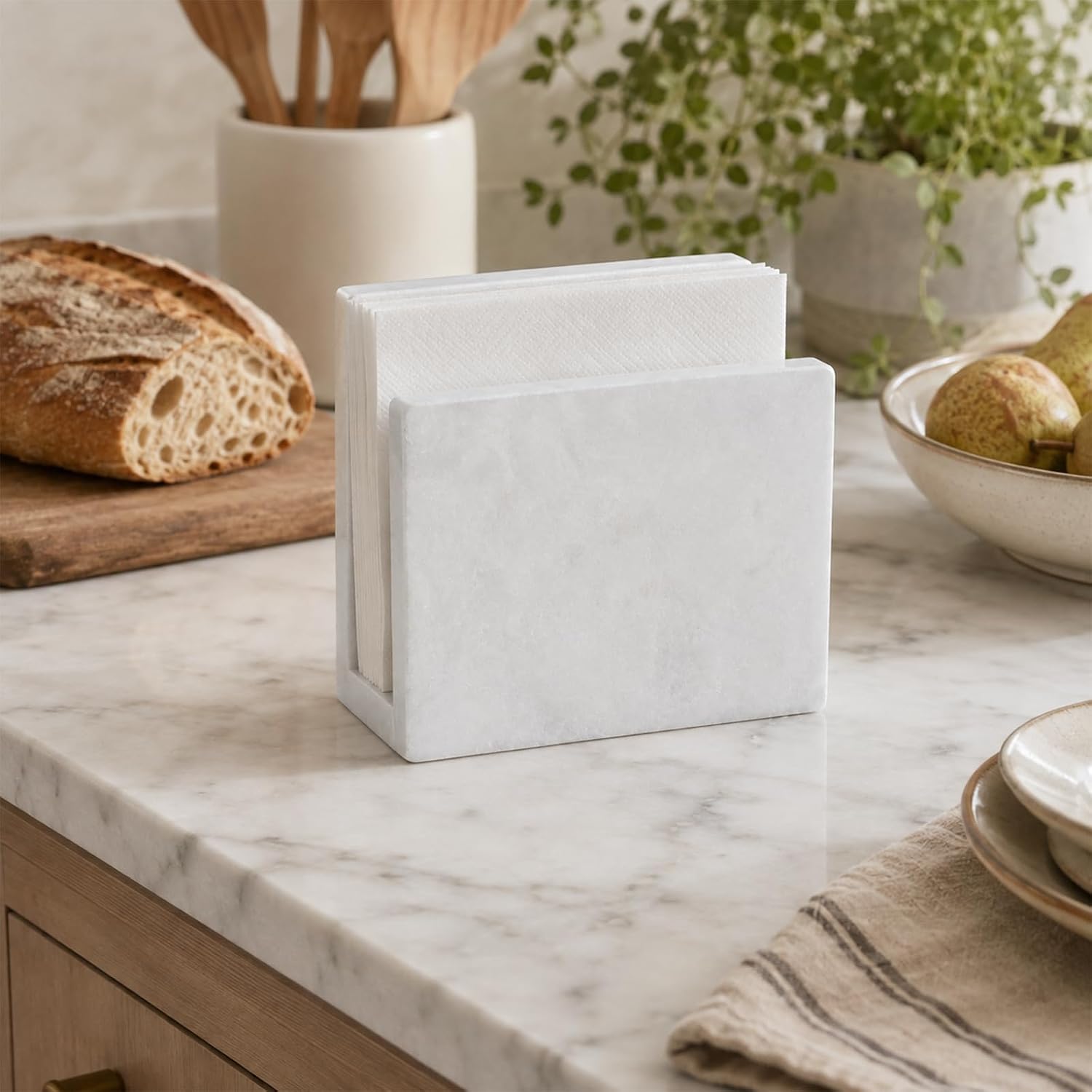 Koville Marble Napkin Holder for Table, 5" Natural Stone Napkin Holder for Kitchen Countertop Dining Room, Modern Napkin Dispenser for Cocktail Tissue Party Bar, Decorative Tissue Paper Holder(White) thumbnail