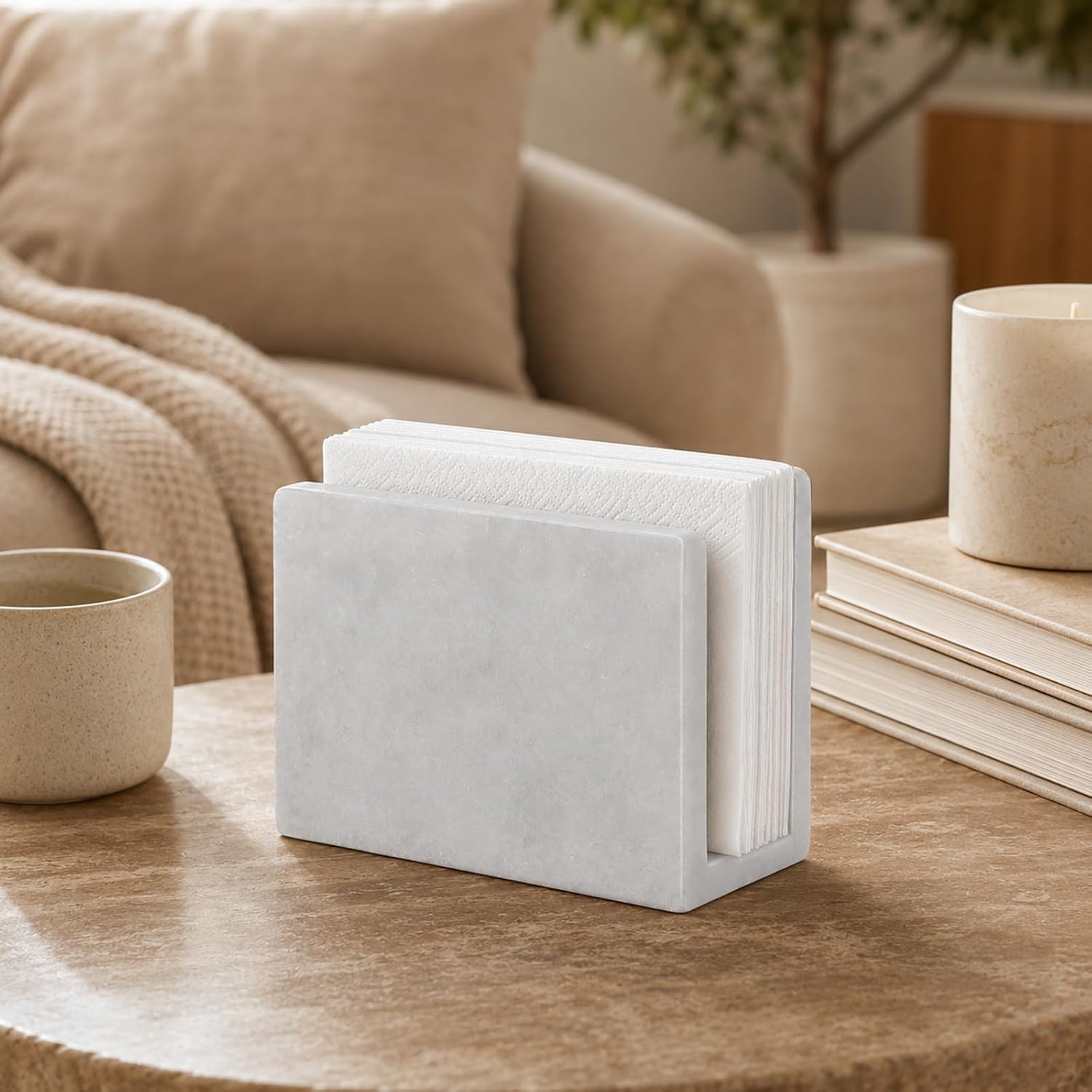 Koville Marble Napkin Holder for Table, 5" Natural Stone Napkin Holder for Kitchen Countertop Dining Room, Modern Napkin Dispenser for Cocktail Tissue Party Bar, Decorative Tissue Paper Holder(White) thumbnail