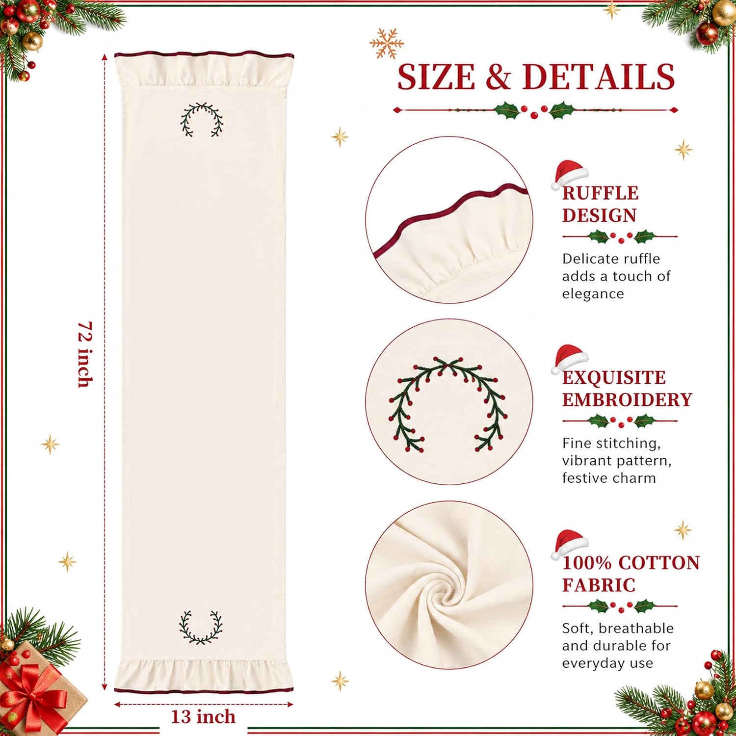 Gilprop Christmas Holly Table Runner 13 x 72 in Burgundy Ruffled Trim thumbnail
