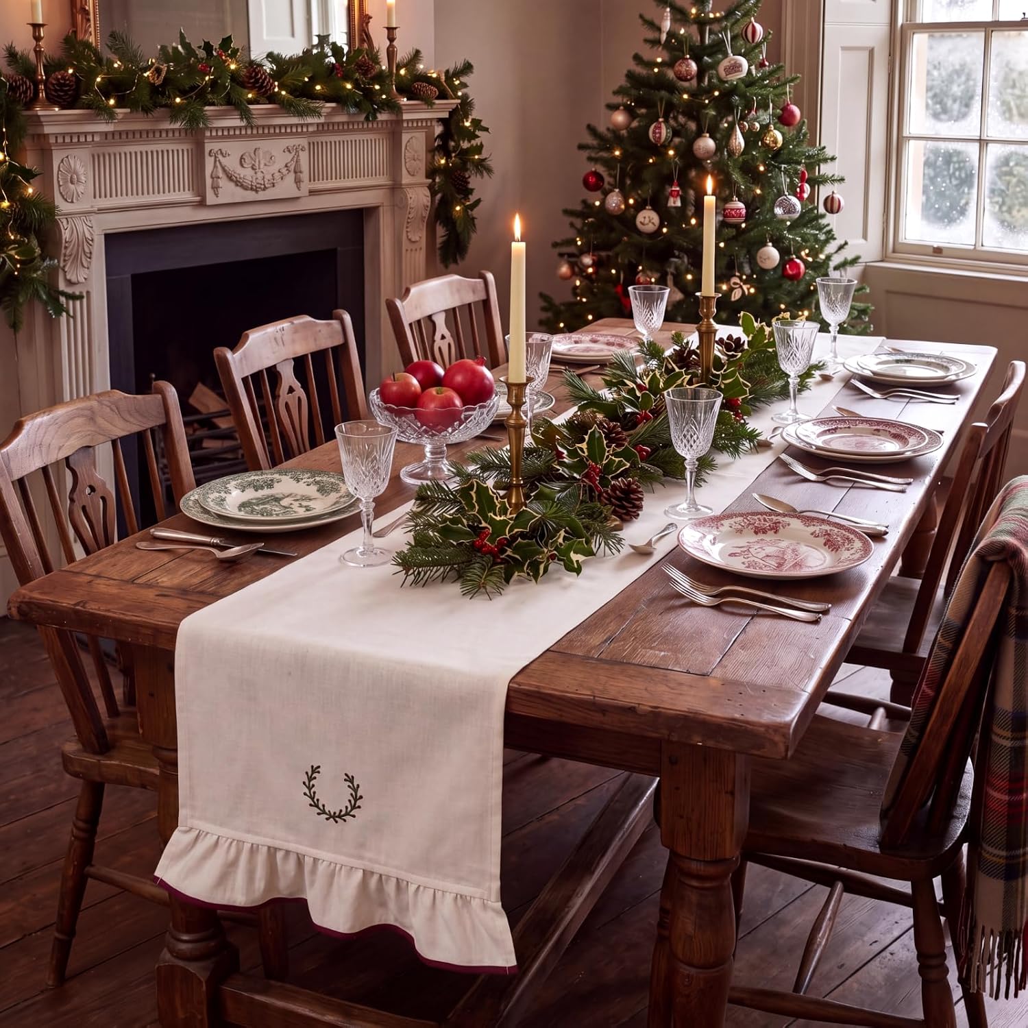 Gilprop Christmas Holly Table Runner 13 x 72 in Burgundy Ruffled Trim thumbnail
