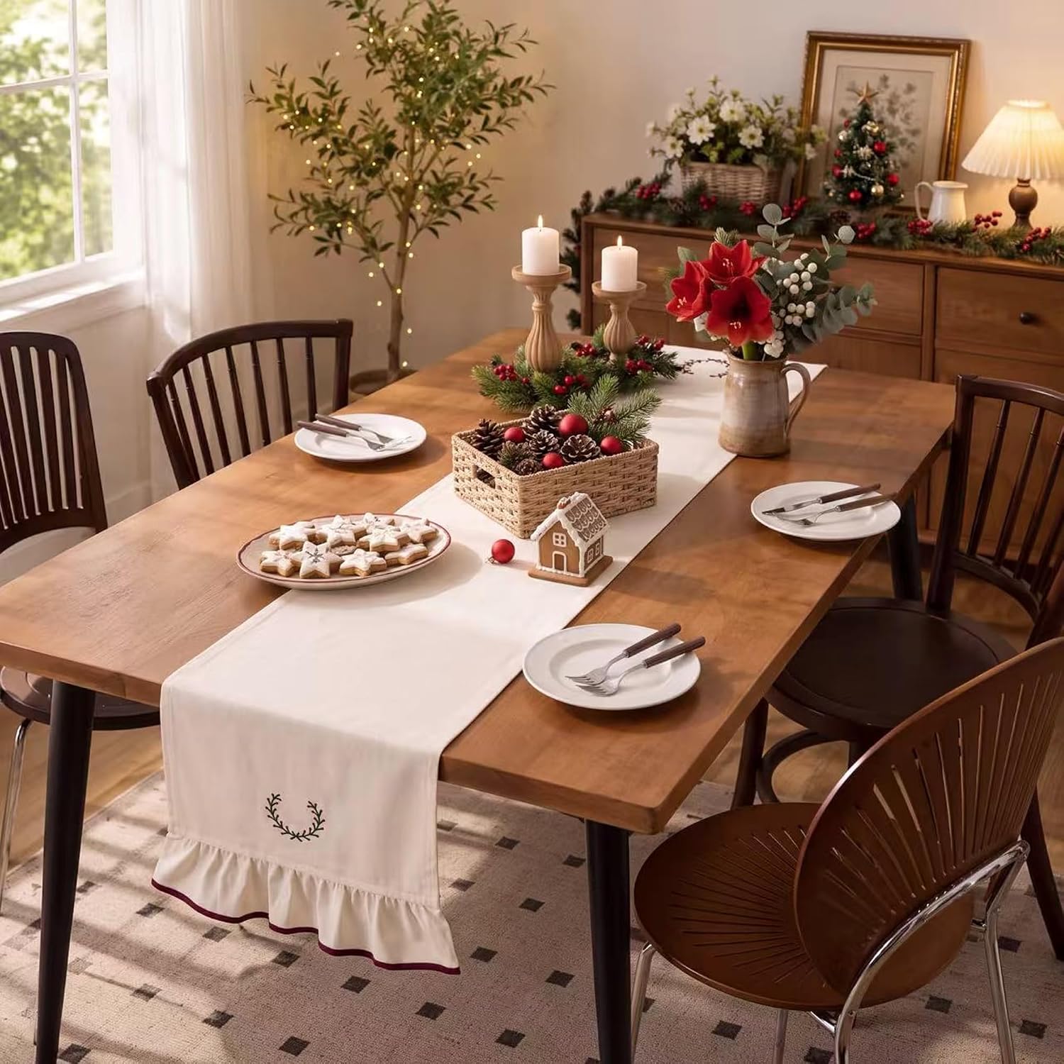 Gilprop Christmas Holly Table Runner 13 x 72 in Burgundy Ruffled Trim thumbnail