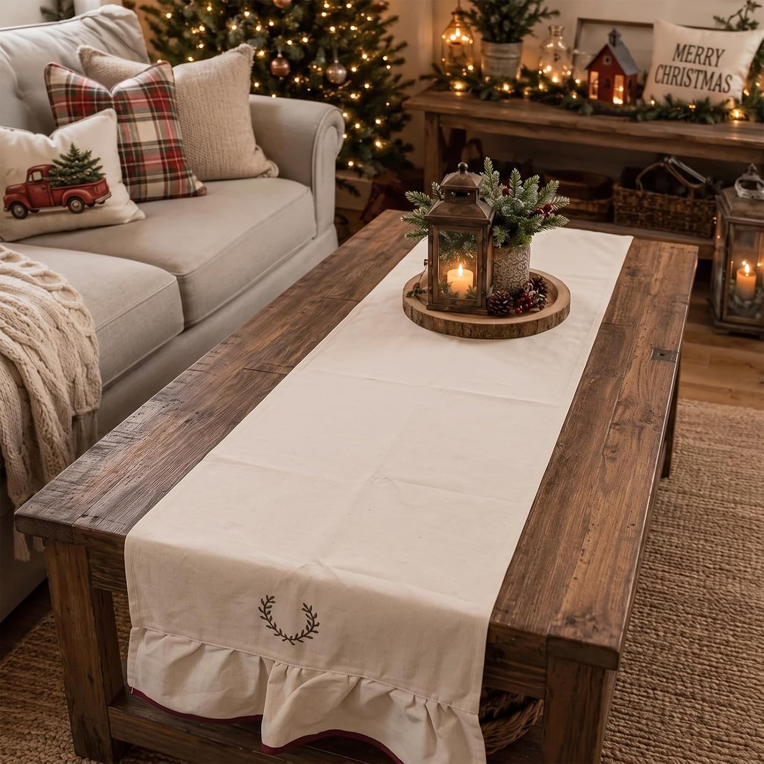 Gilprop Christmas Holly Table Runner 13 x 72 in Burgundy Ruffled Trim thumbnail