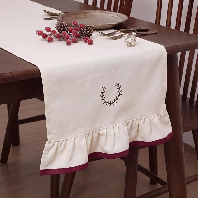 Gilprop Christmas Holly Table Runner 13 x 72 in Burgundy Ruffled Trim thumbnail