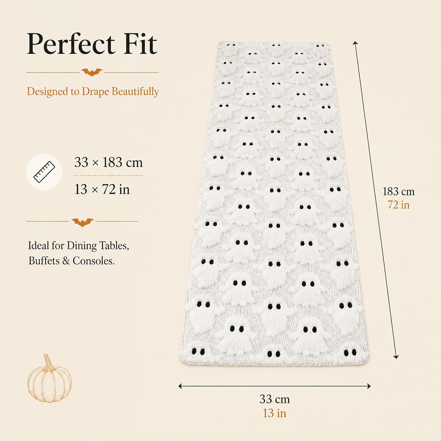 Halloween White Soft Faux Fur Ghost Halloween Table Runner 13x72 Inch